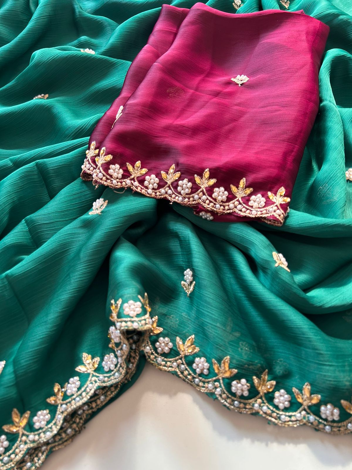 New Partywear Satin Chiffon Embroidery n Diamond Work Fancy Designer Saree With Blouse