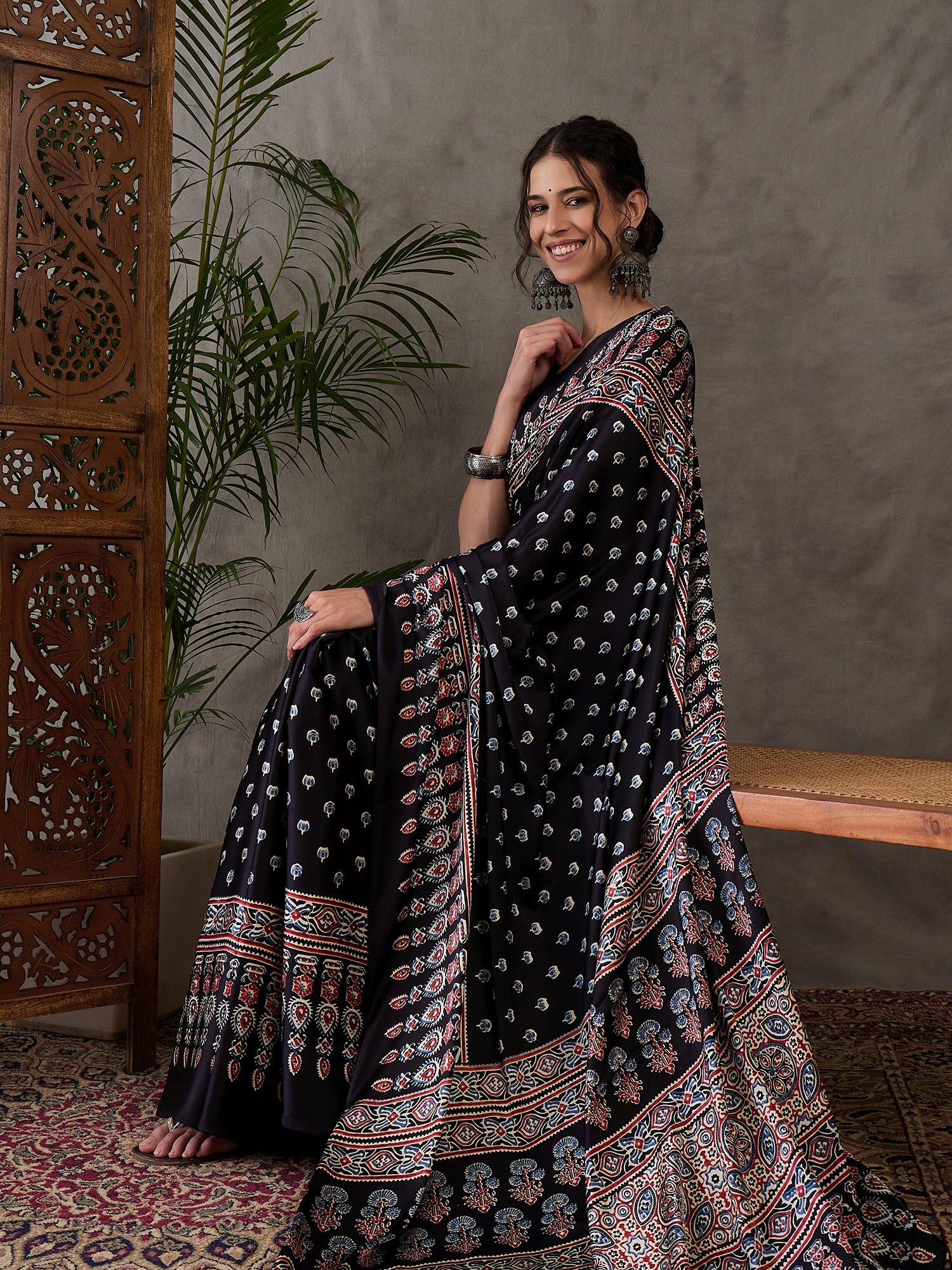 Glamorous Party Wear Satin Silk Ajrak Printed Rich Pallu Designer Saree With Unstitched Blouse Piece