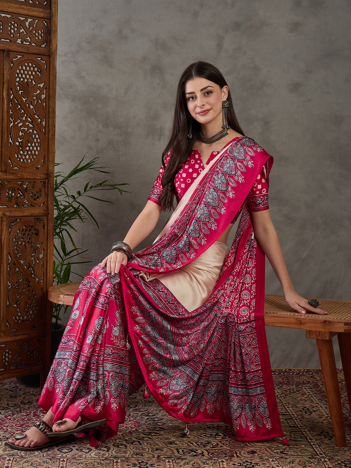 Desiring Festive Wear Satin Silk Ajrak Print Rich Pallu Fancy Saree With Unstitched Blouse Piece