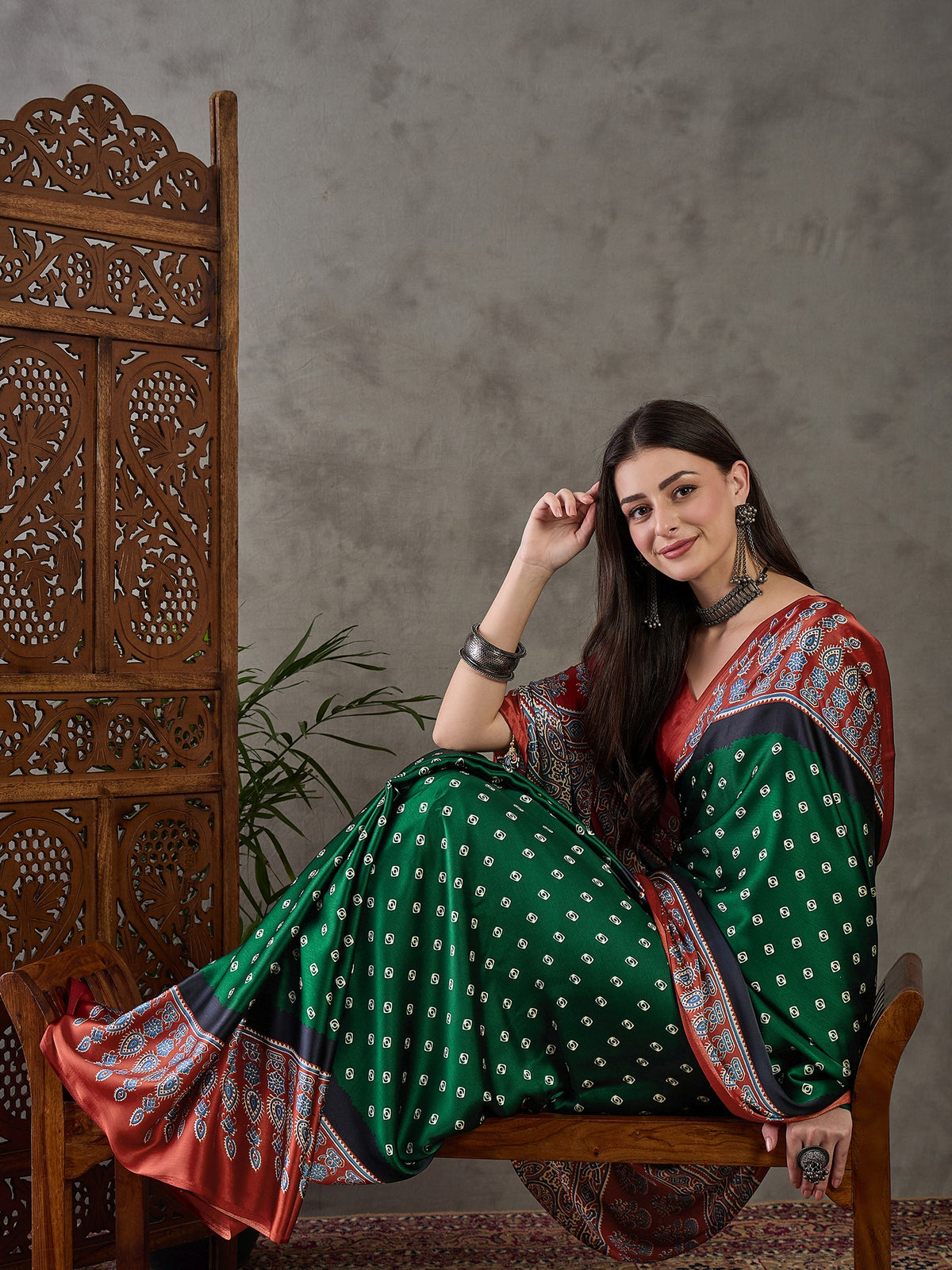 Captivating Party Wear Satin Silk Ajrak Print Rich Pallu Fancy Saree With Unstitched Blouse Piece