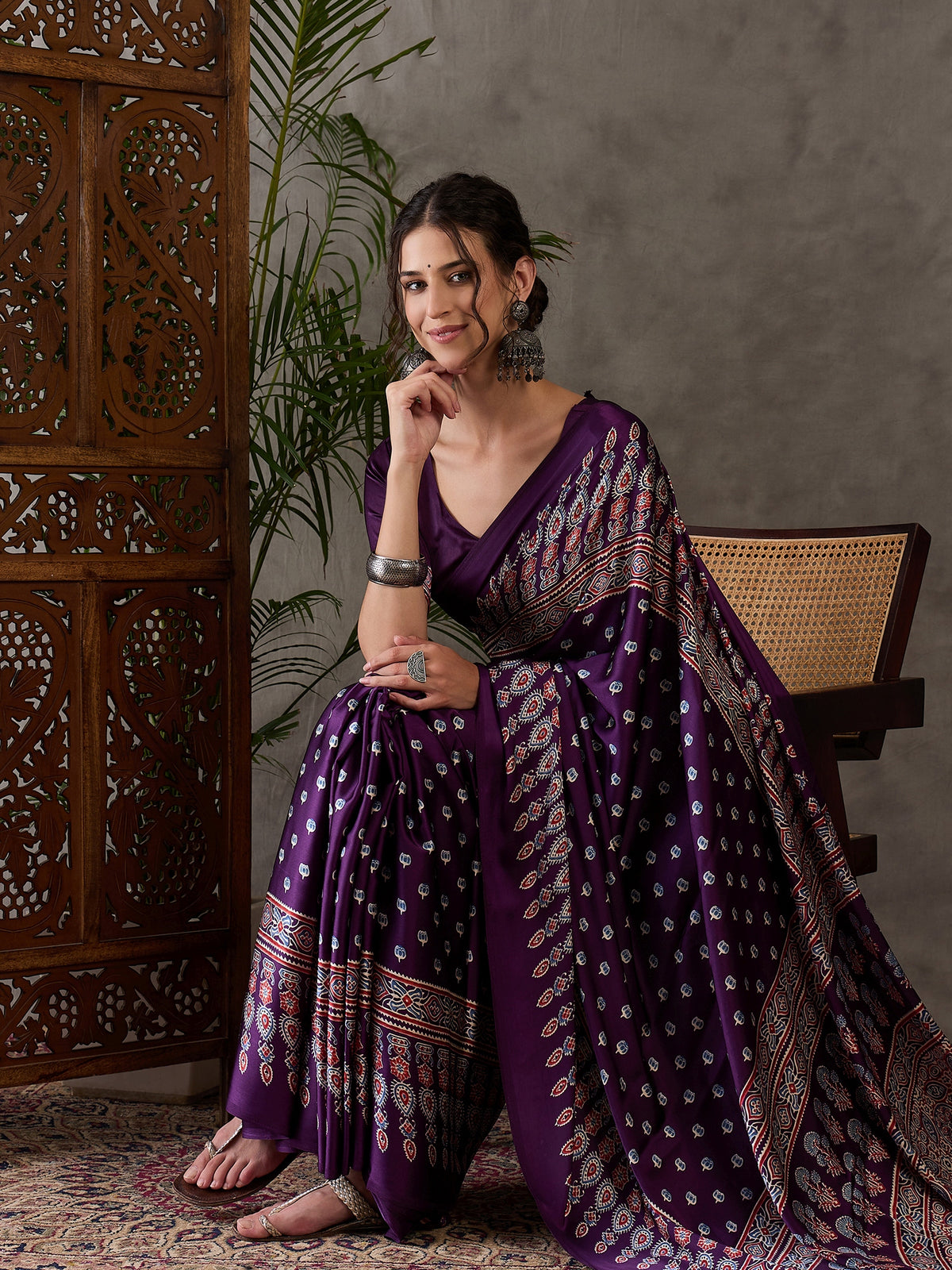 Glamorous Party Wear Satin Silk Ajrak Printed Rich Pallu Designer Saree With Unstitched Blouse Piece