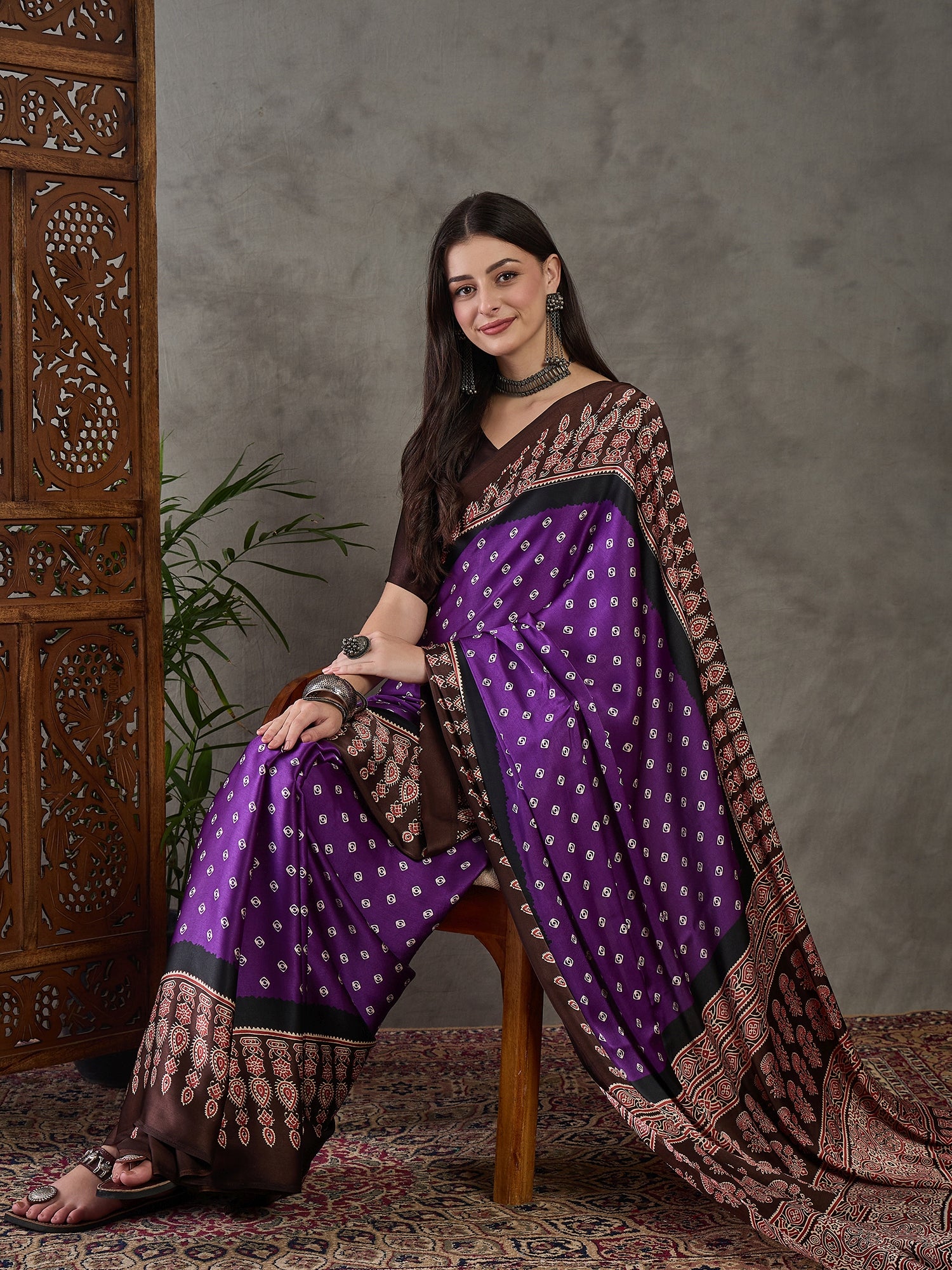 Captivating Party Wear Satin Silk Ajrak Print Rich Pallu Fancy Saree With Unstitched Blouse Piece