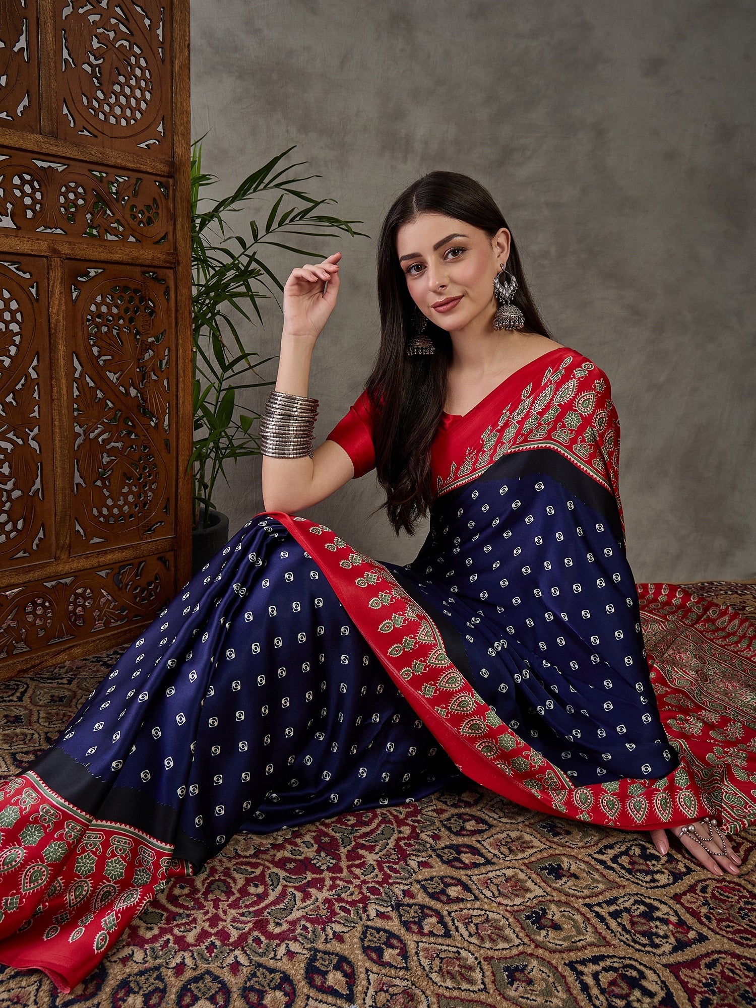 Captivating Party Wear Satin Silk Ajrak Print Rich Pallu Fancy Saree With Unstitched Blouse Piece