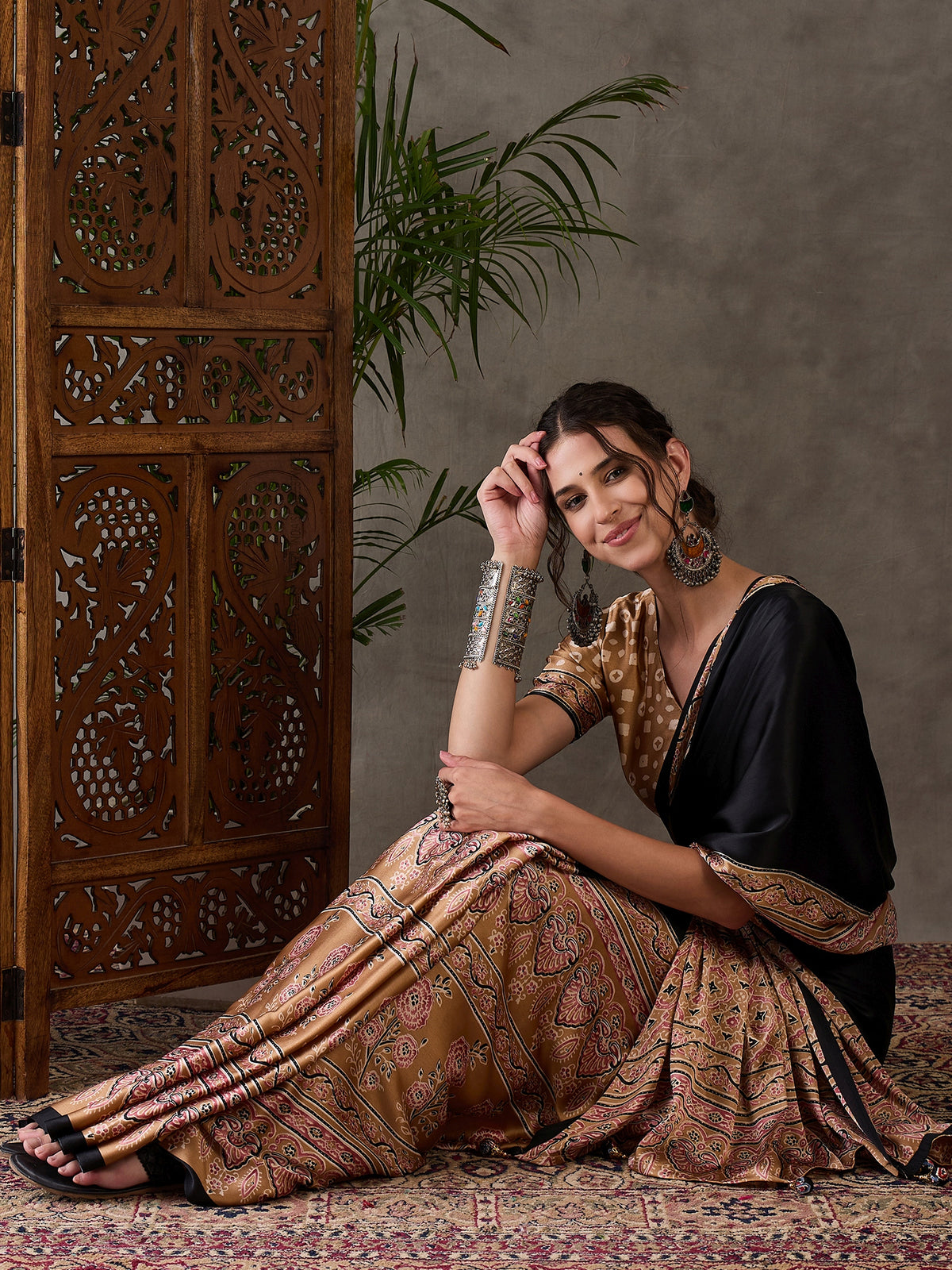 Desiring Festive Wear Satin Silk Ajrak Print Rich Pallu Fancy Saree With Unstitched Blouse Piece