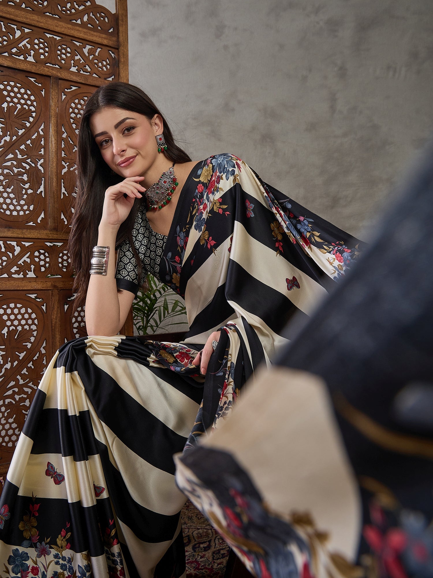 Opulent Wedding Wear Satin Silk Floral Print Designer Saree For Occasion
