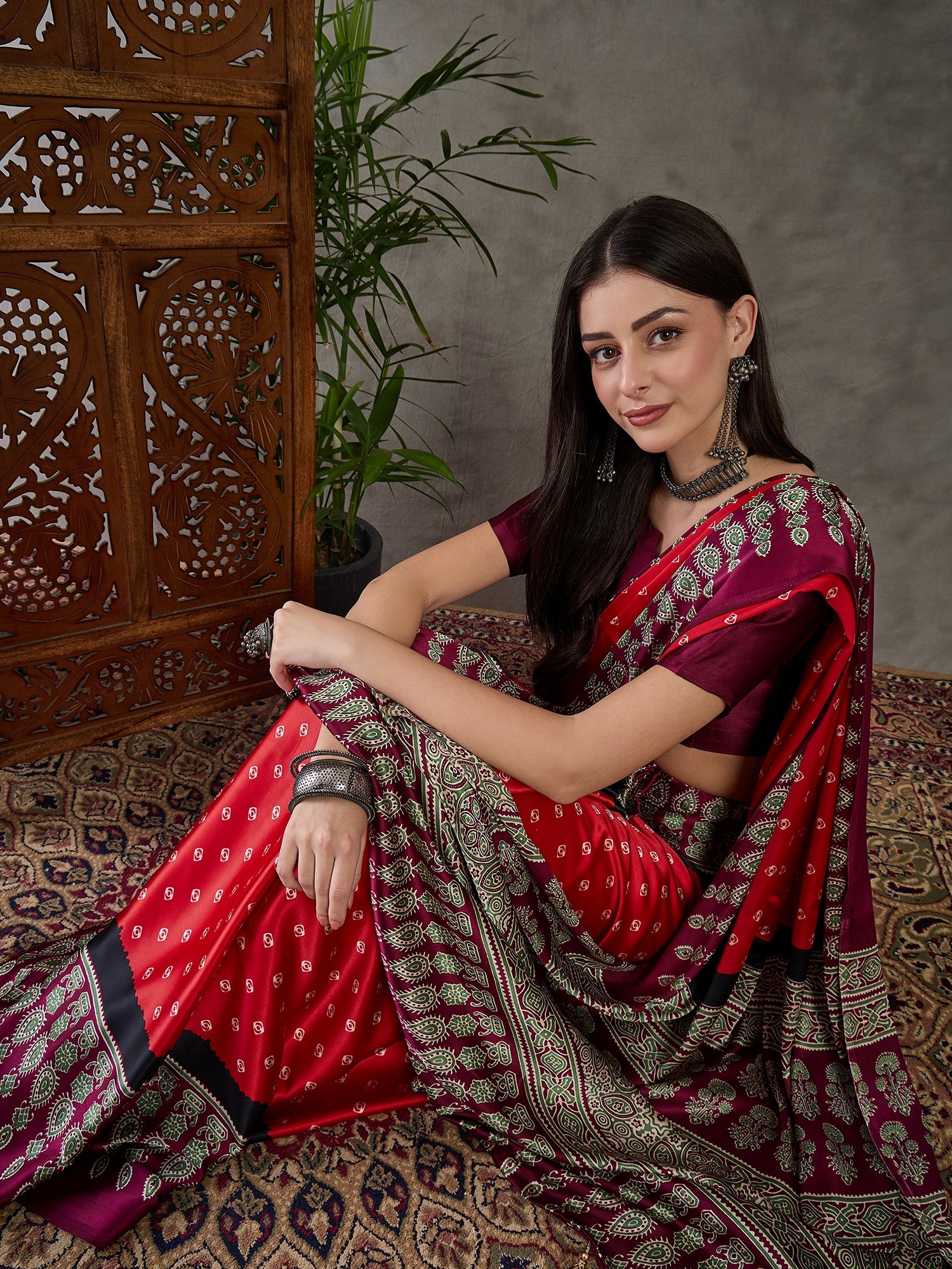 Captivating Party Wear Satin Silk Ajrak Print Rich Pallu Fancy Saree With Unstitched Blouse Piece
