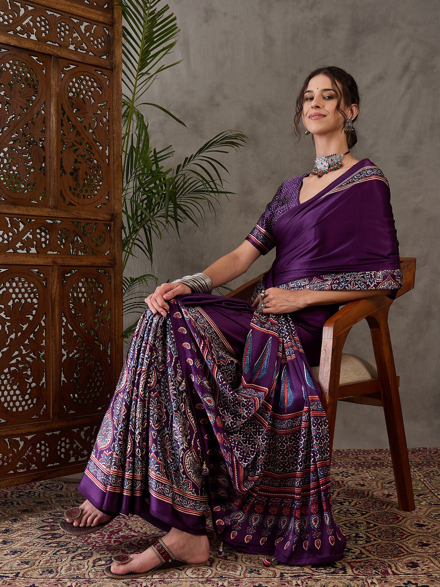 Heritage Function Wear Satin Silk Ajrak Print Rich Pallu Fancy Saree With Unstitched Blouse Piece