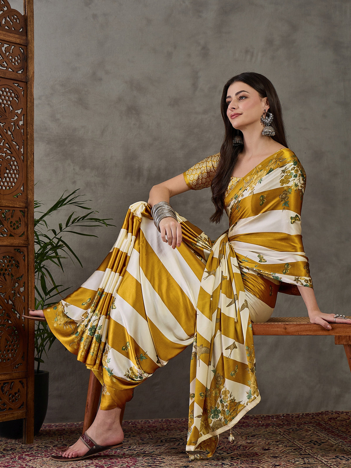 Opulent Wedding Wear Satin Silk Floral Print Designer Saree For Occasion