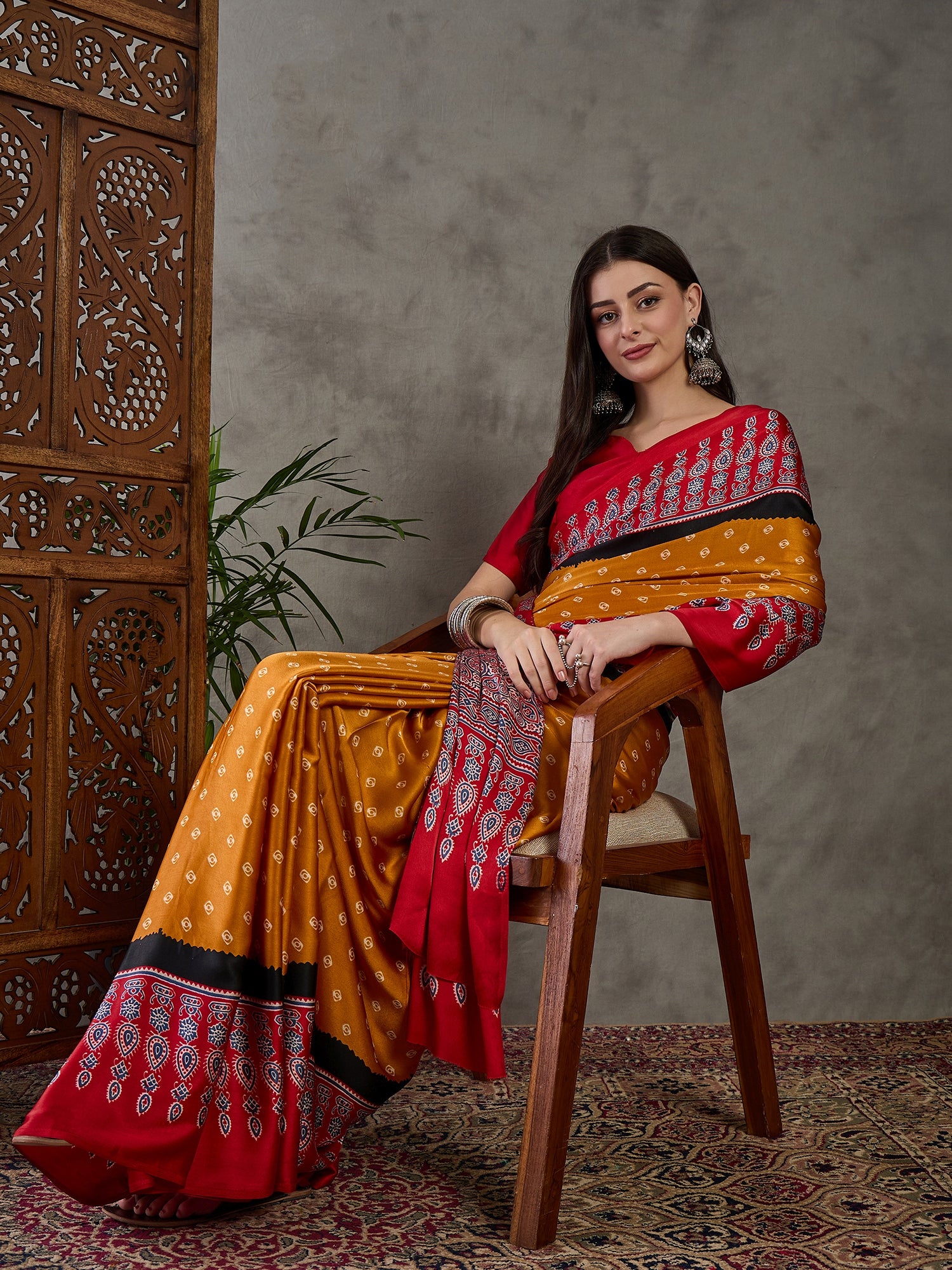 Captivating Party Wear Satin Silk Ajrak Print Rich Pallu Fancy Saree With Unstitched Blouse Piece
