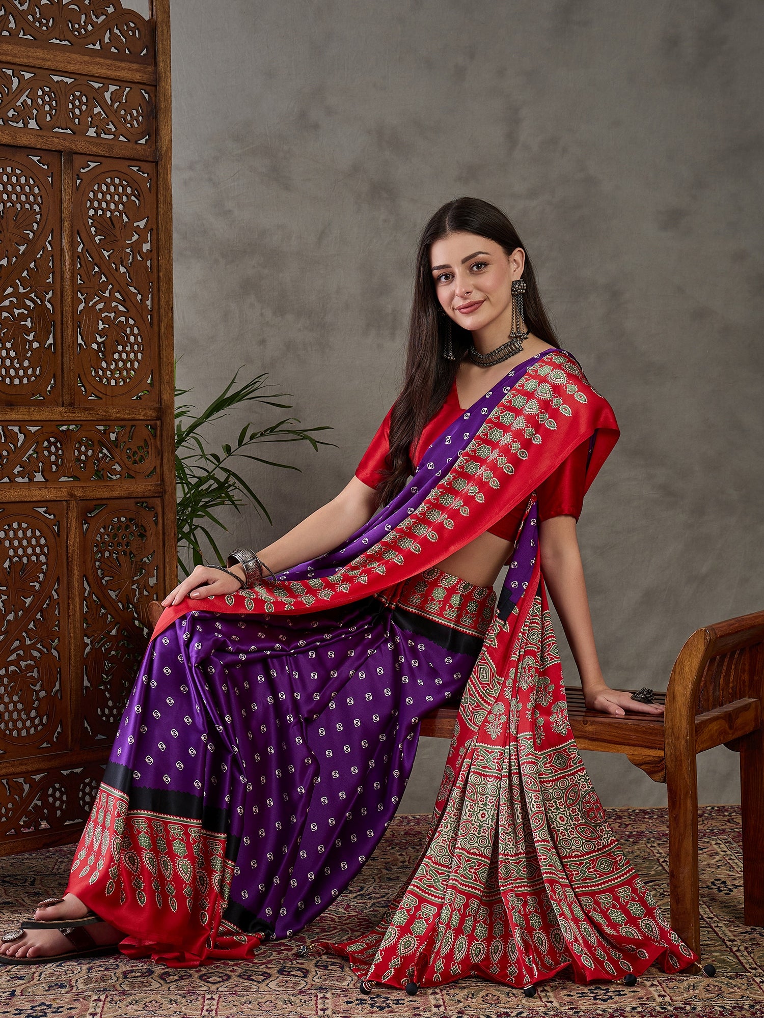 Captivating Party Wear Satin Silk Ajrak Print Rich Pallu Fancy Saree With Unstitched Blouse Piece