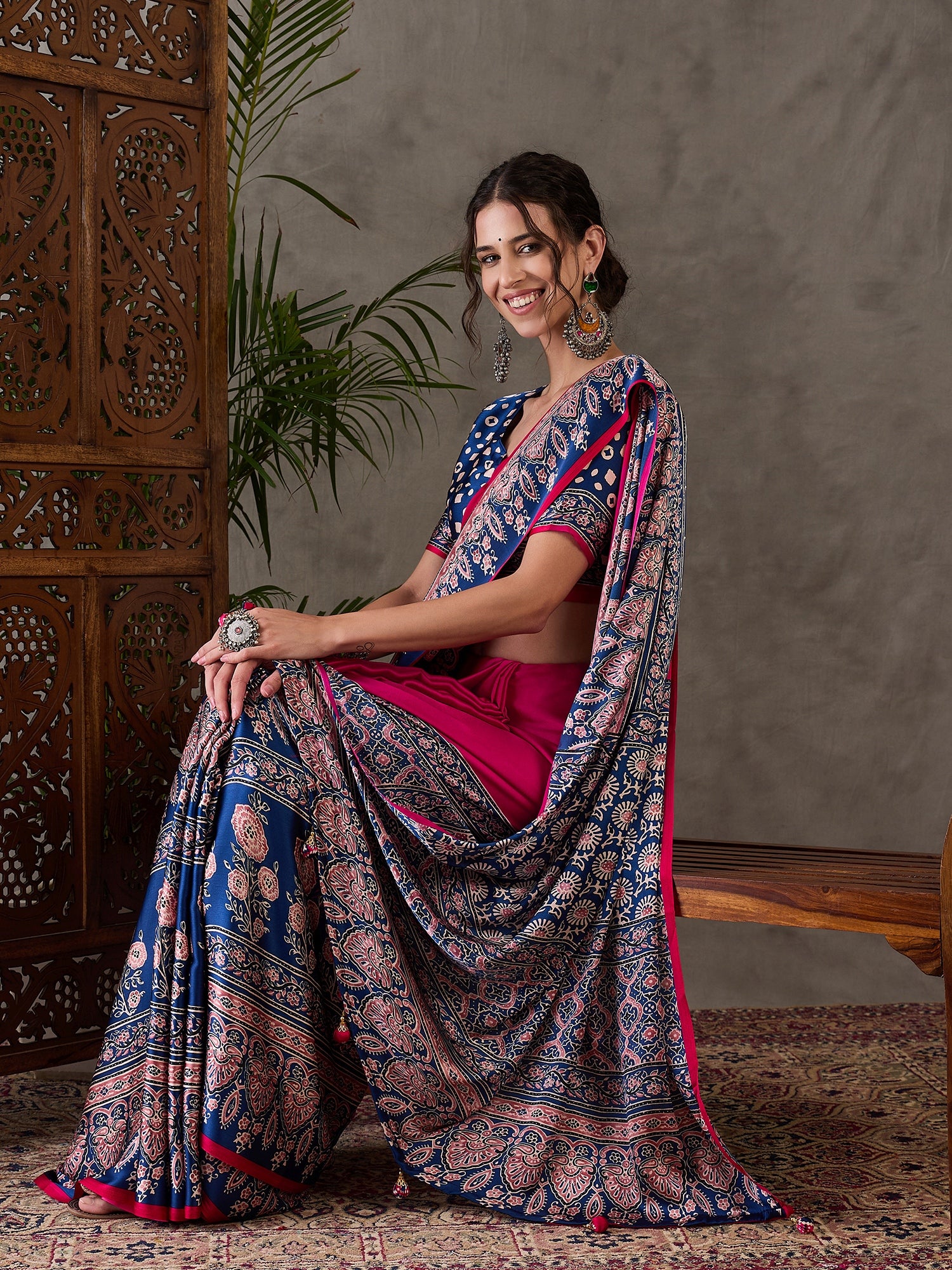 Desiring Festive Wear Satin Silk Ajrak Print Rich Pallu Fancy Saree With Unstitched Blouse Piece