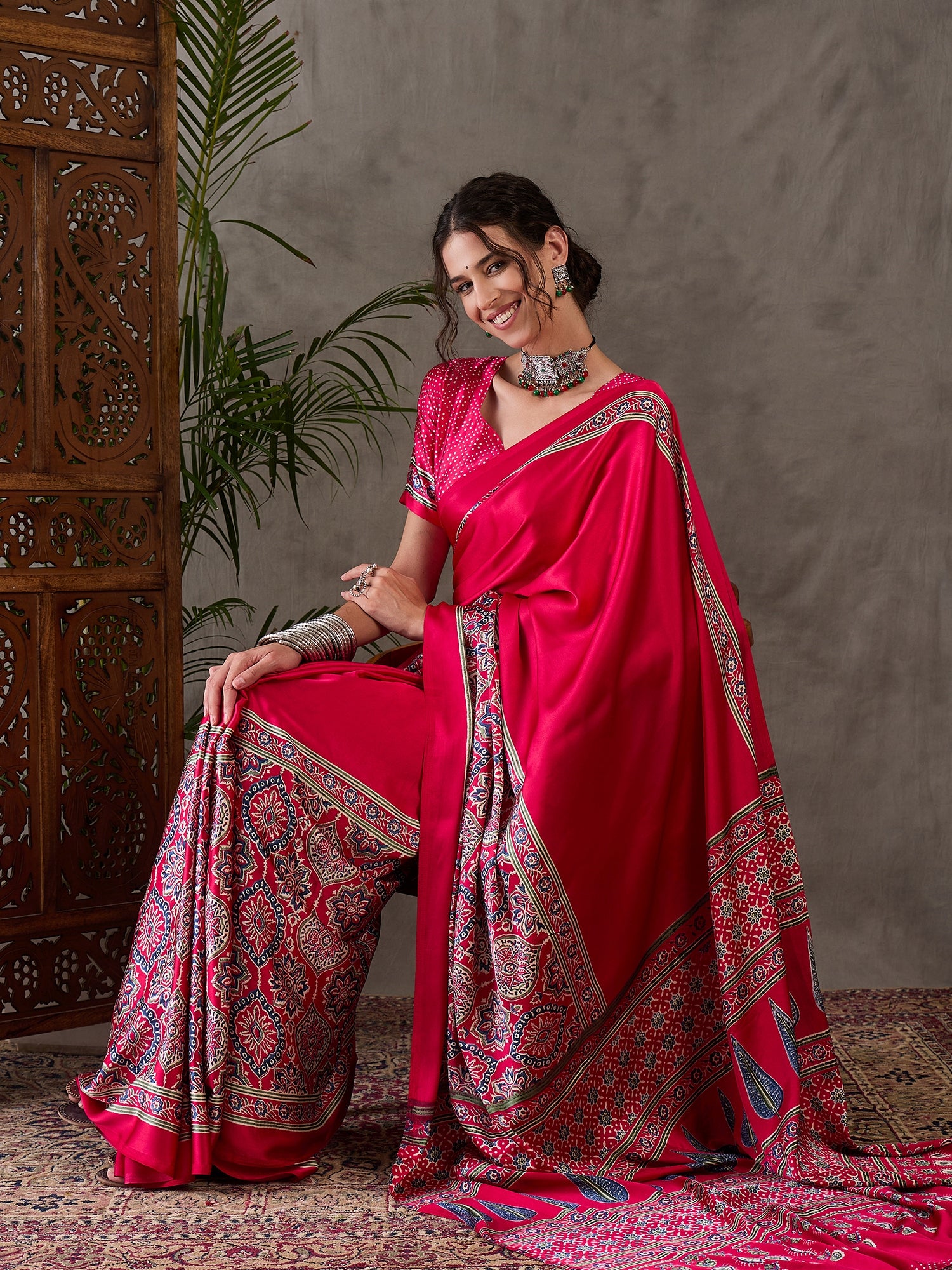 Heritage Function Wear Satin Silk Ajrak Print Rich Pallu Fancy Saree With Unstitched Blouse Piece