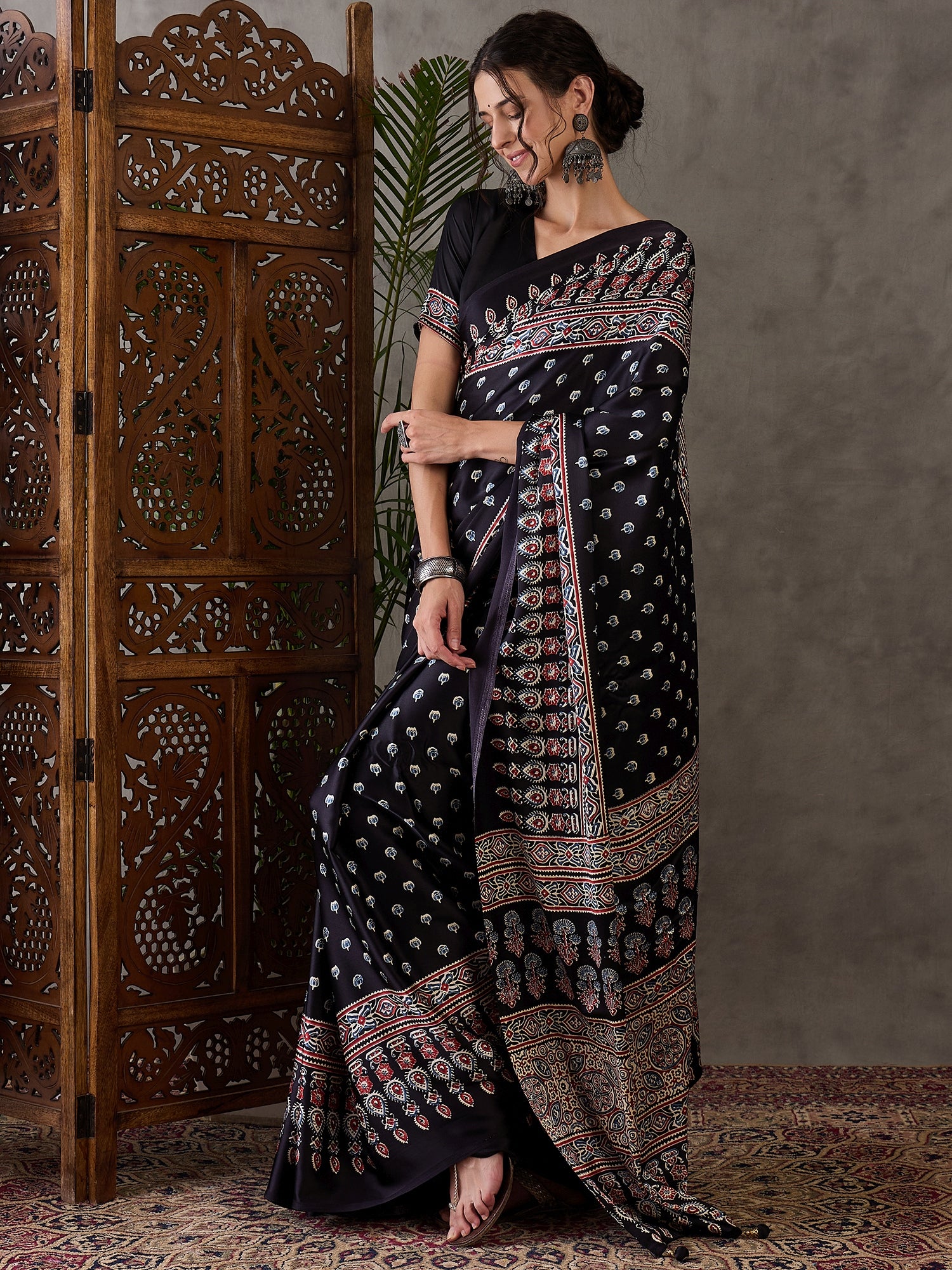 Glamorous Party Wear Satin Silk Ajrak Printed Rich Pallu Designer Saree With Unstitched Blouse Piece