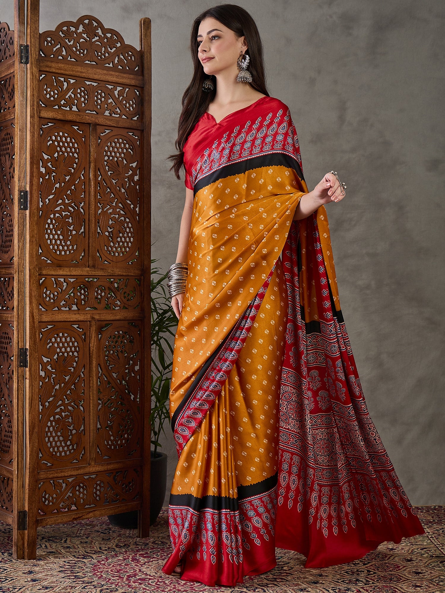 Captivating Party Wear Satin Silk Ajrak Print Rich Pallu Fancy Saree With Unstitched Blouse Piece