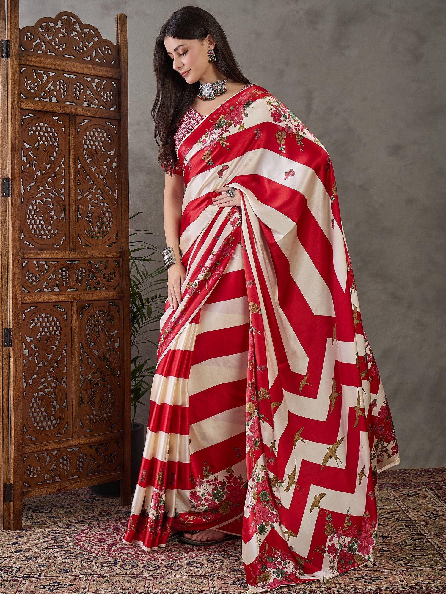 Opulent Wedding Wear Satin Silk Floral Print Designer Saree For Occasion