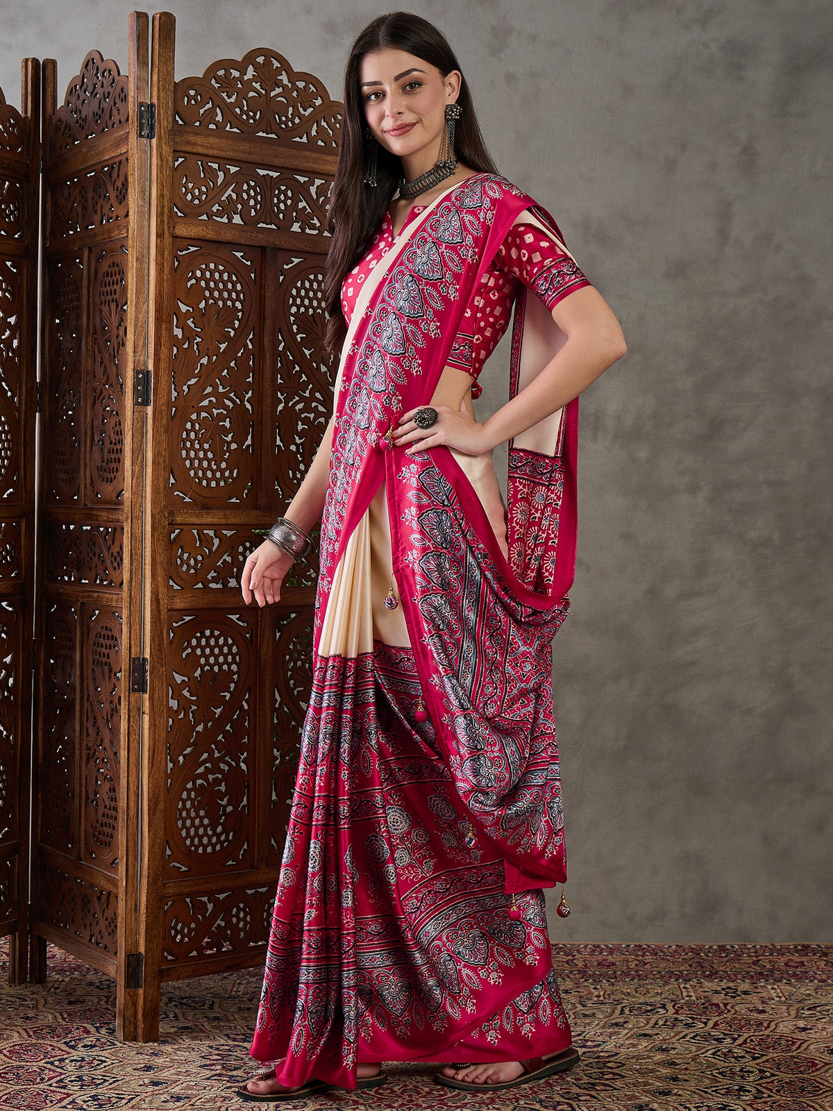 Desiring Festive Wear Satin Silk Ajrak Print Rich Pallu Fancy Saree With Unstitched Blouse Piece