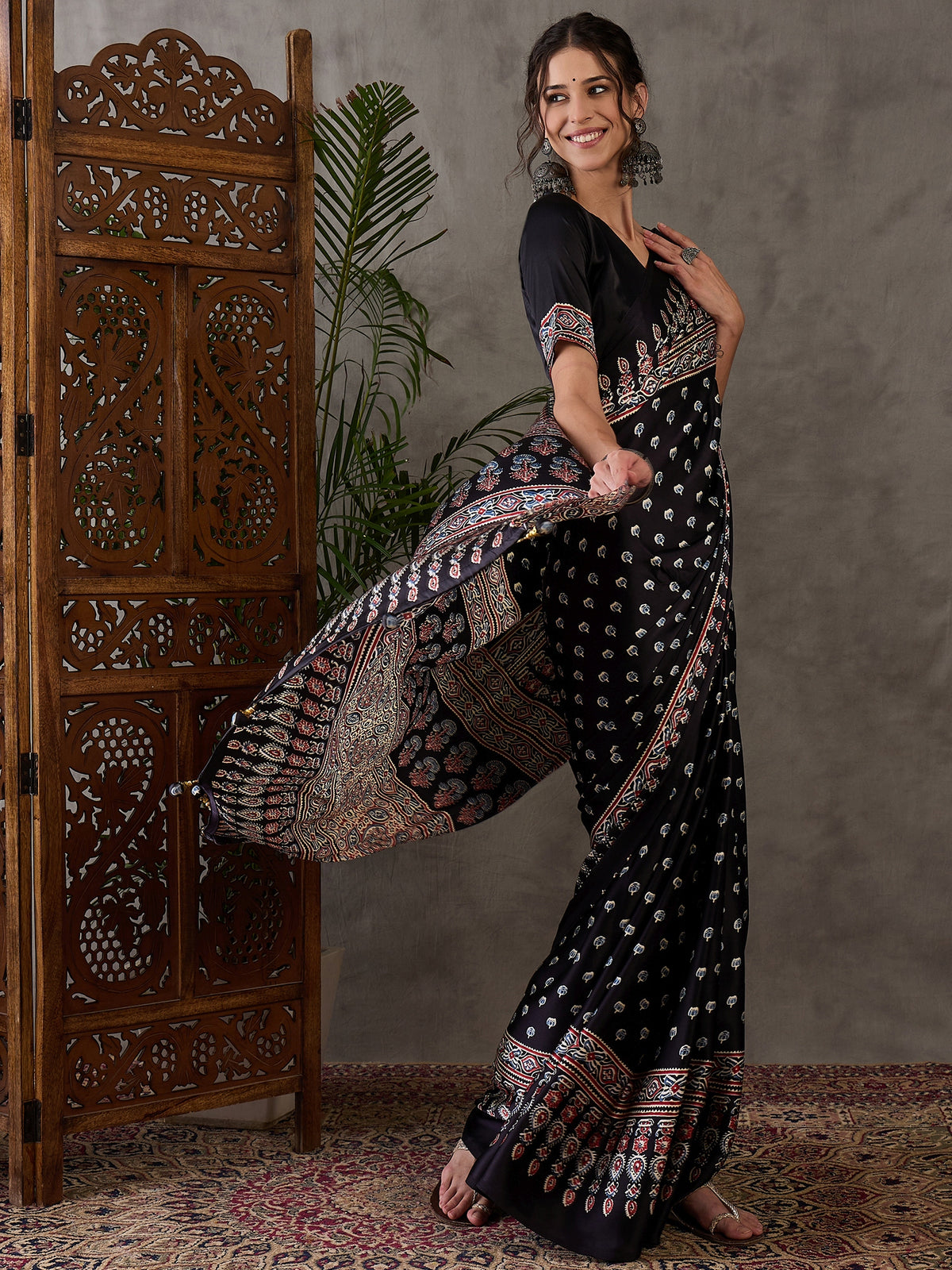 Glamorous Party Wear Satin Silk Ajrak Printed Rich Pallu Designer Saree With Unstitched Blouse Piece