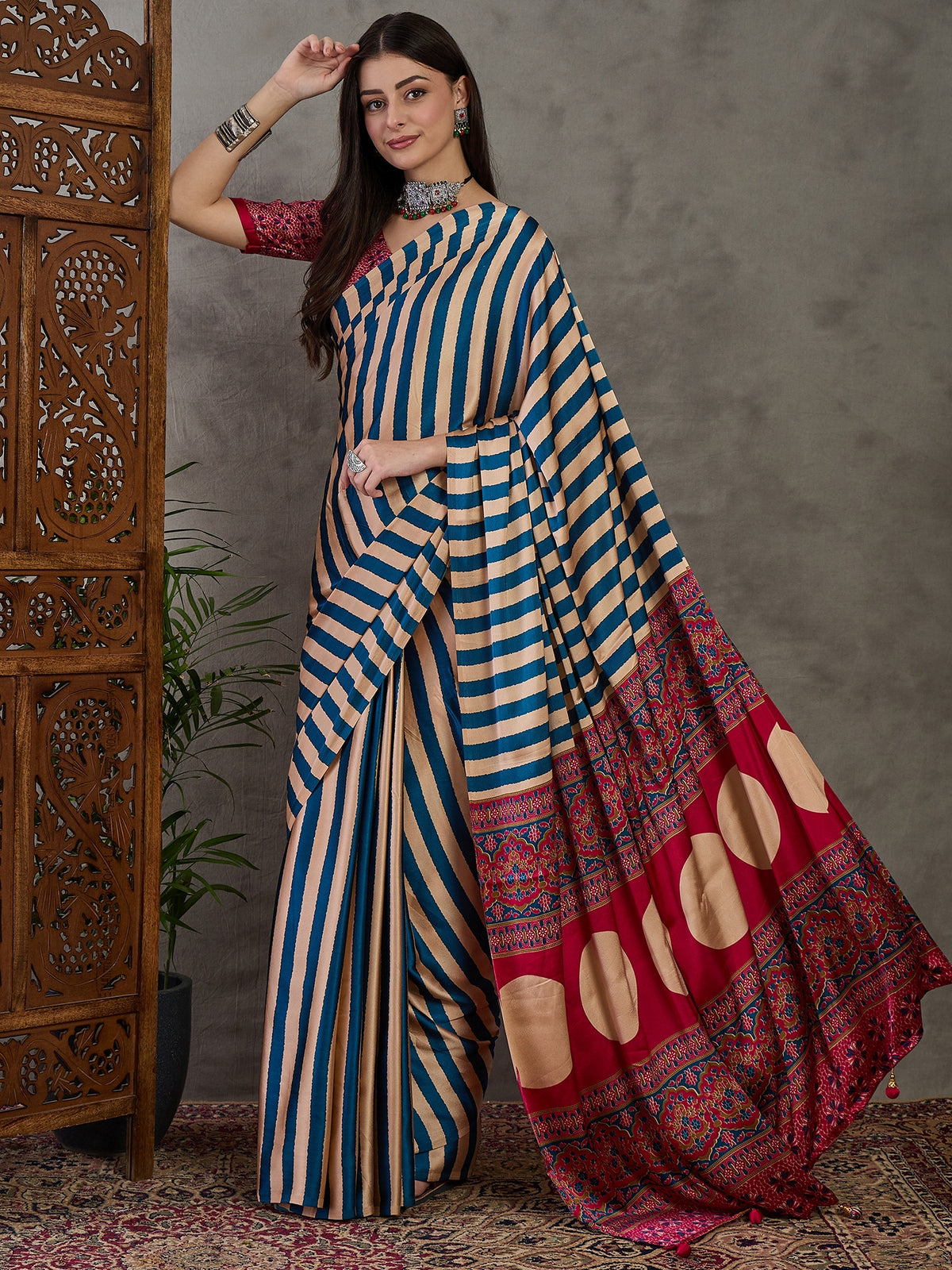 Gratifying Festive Wear Silk Print Design Rich Pallu Fancy Saree With Unstitched Blouse Piece