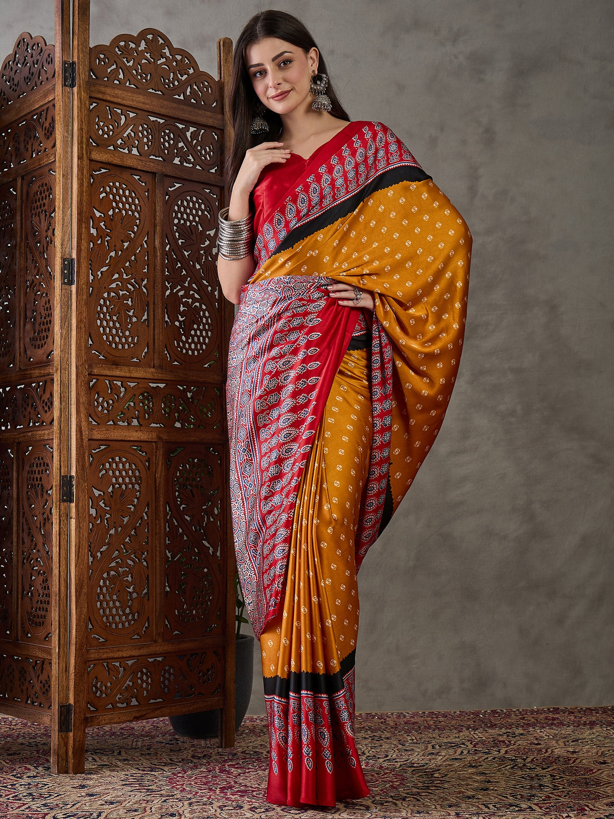 Captivating Party Wear Satin Silk Ajrak Print Rich Pallu Fancy Saree With Unstitched Blouse Piece