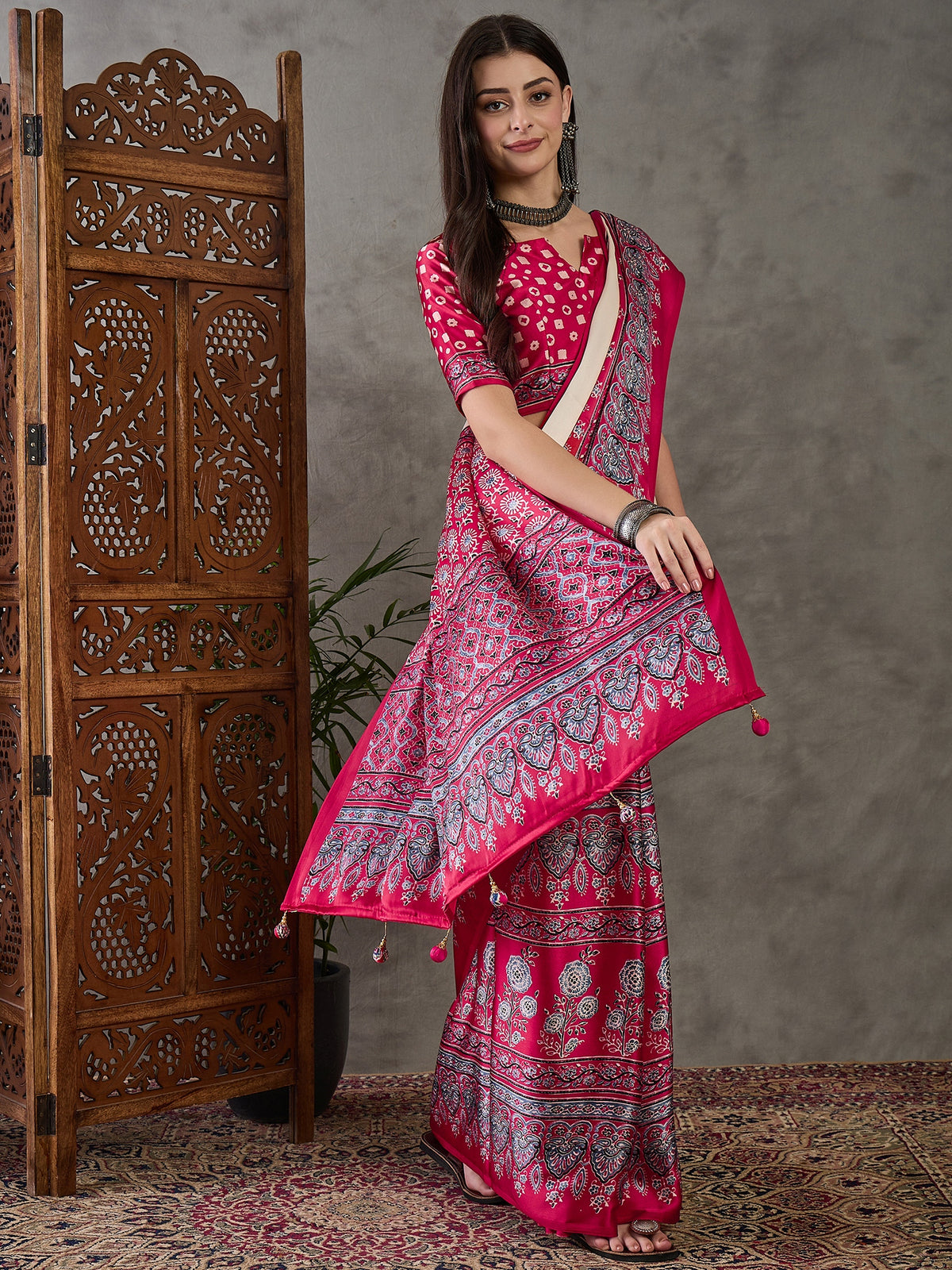 Desiring Festive Wear Satin Silk Ajrak Print Rich Pallu Fancy Saree With Unstitched Blouse Piece