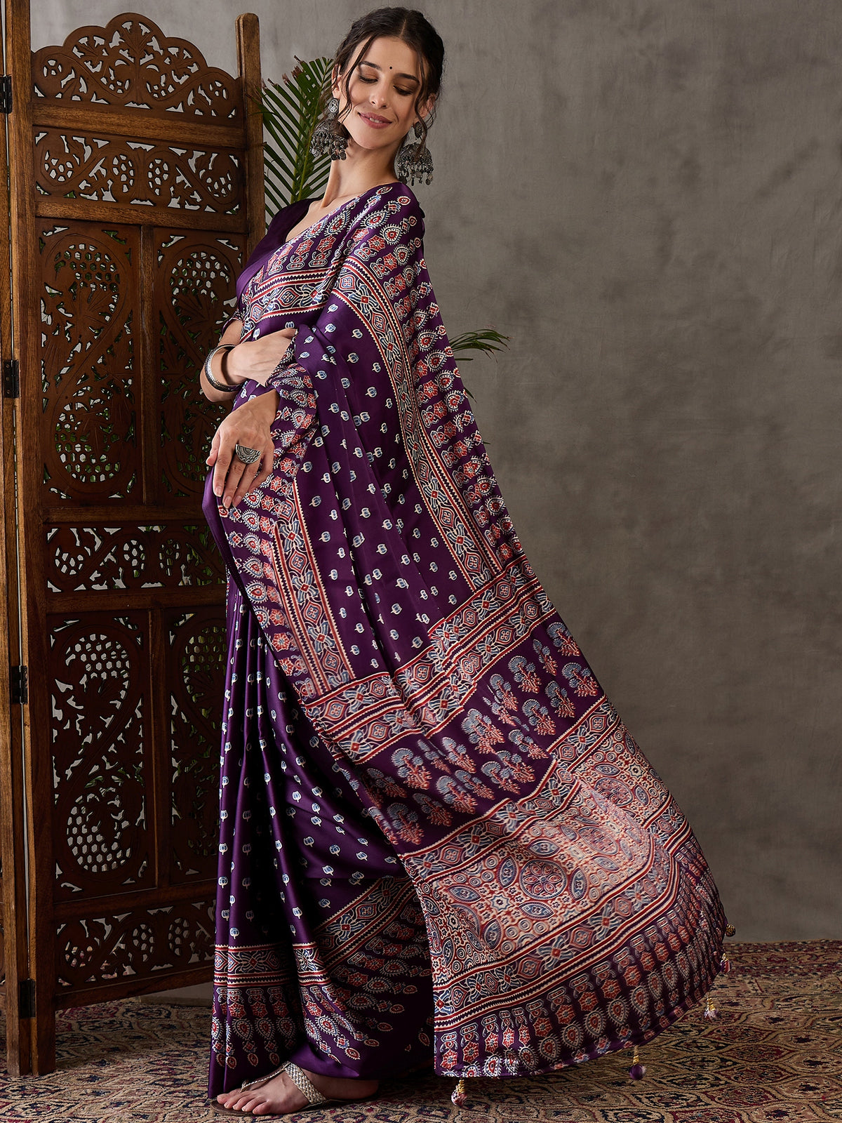 Glamorous Party Wear Satin Silk Ajrak Printed Rich Pallu Designer Saree With Unstitched Blouse Piece