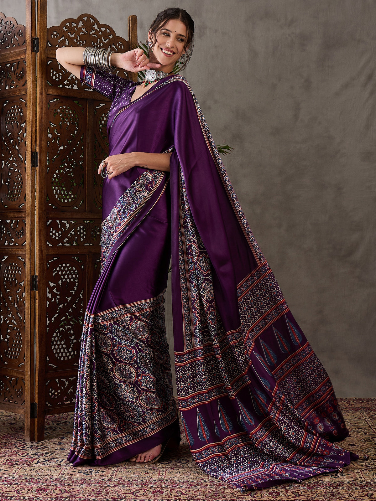 Heritage Function Wear Satin Silk Ajrak Print Rich Pallu Fancy Saree With Unstitched Blouse Piece