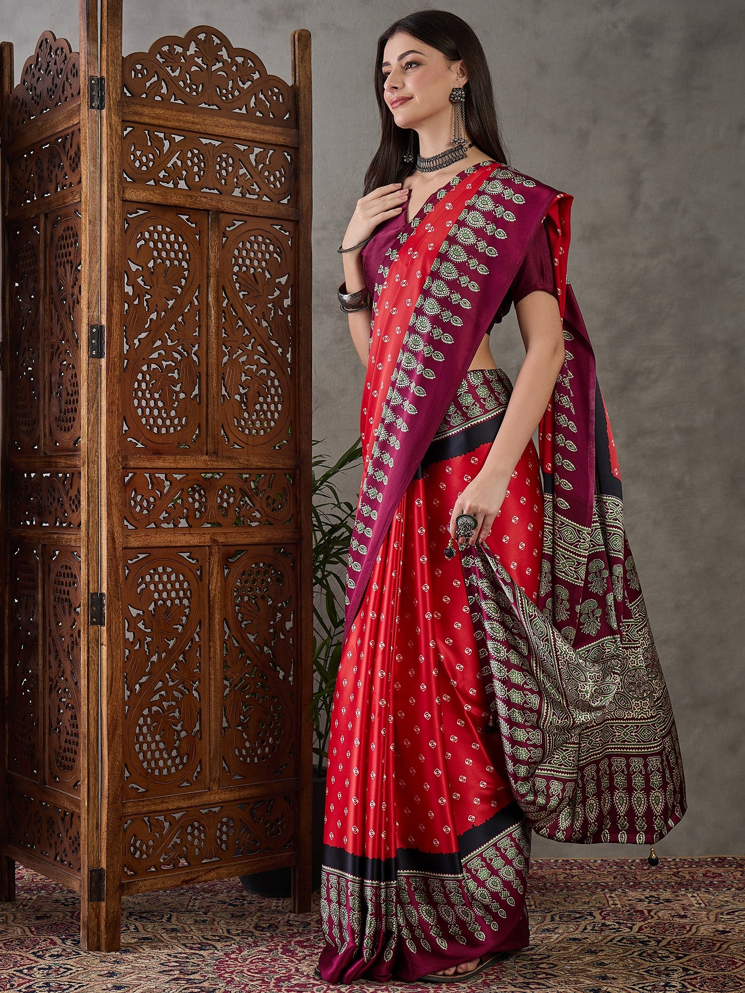 Captivating Party Wear Satin Silk Ajrak Print Rich Pallu Fancy Saree With Unstitched Blouse Piece