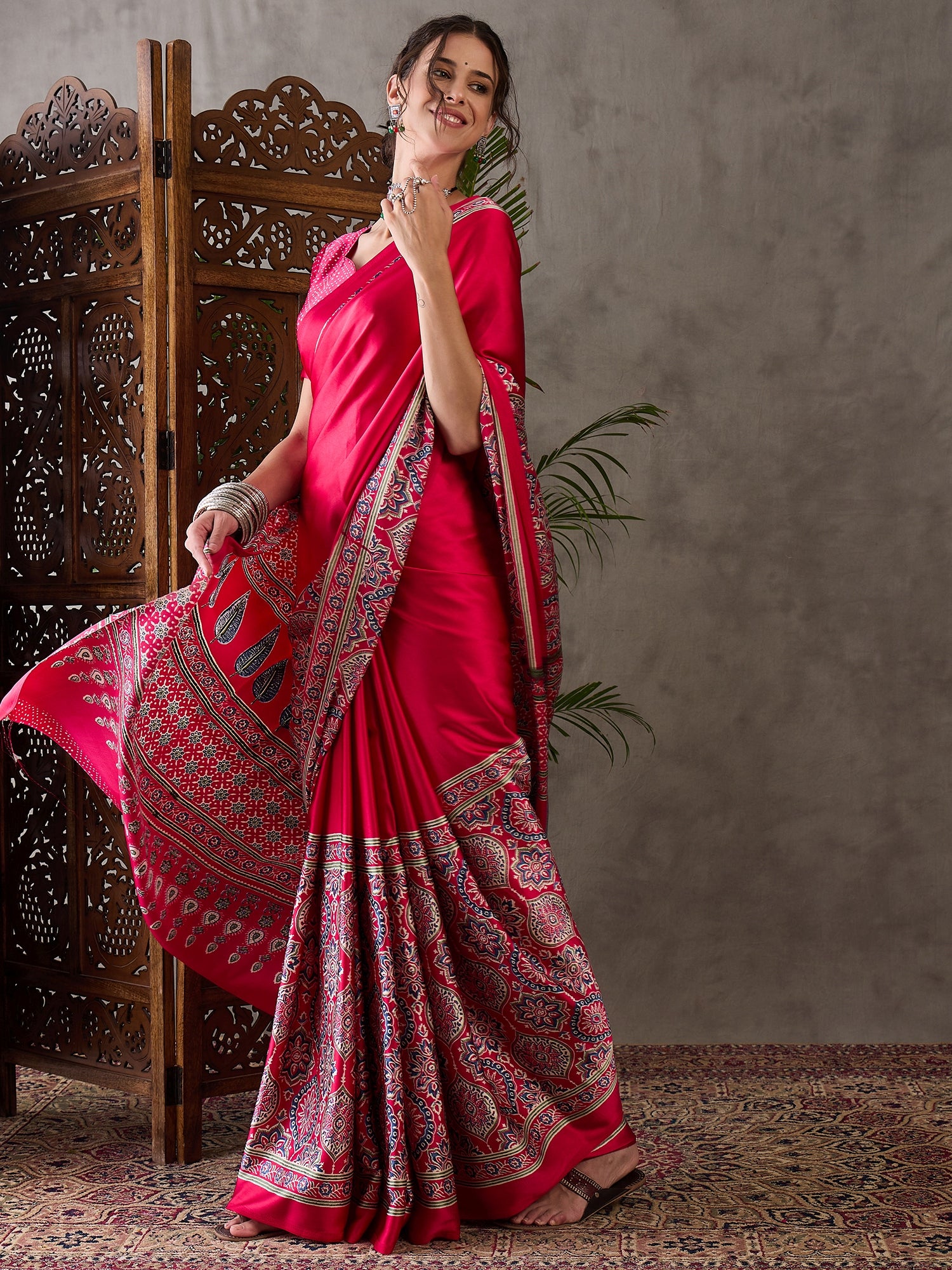 Heritage Function Wear Satin Silk Ajrak Print Rich Pallu Fancy Saree With Unstitched Blouse Piece