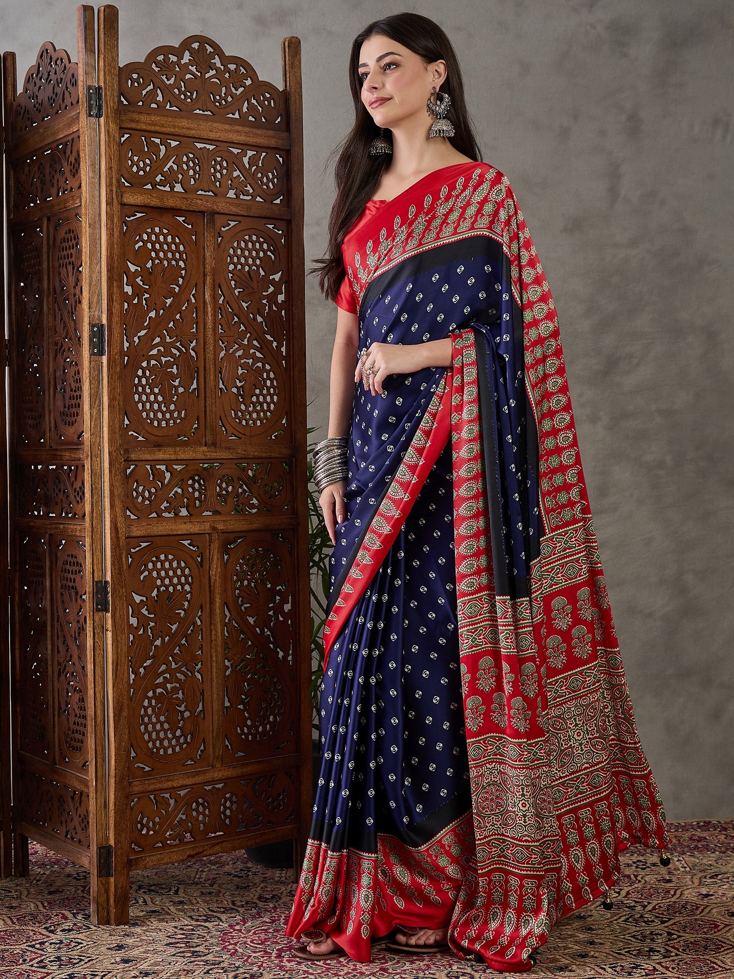 Captivating Party Wear Satin Silk Ajrak Print Rich Pallu Fancy Saree With Unstitched Blouse Piece