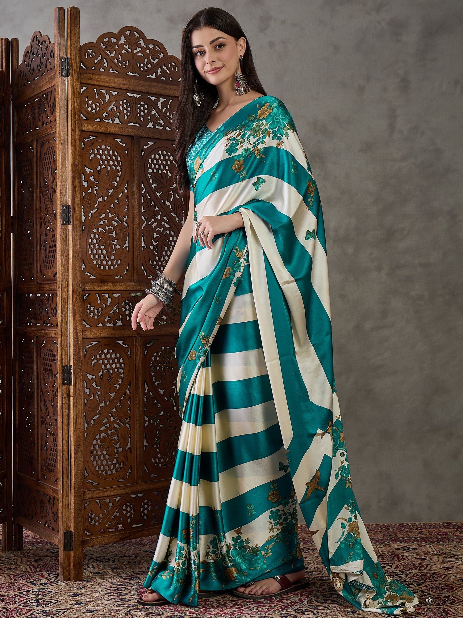 Opulent Wedding Wear Satin Silk Floral Print Designer Saree For Occasion