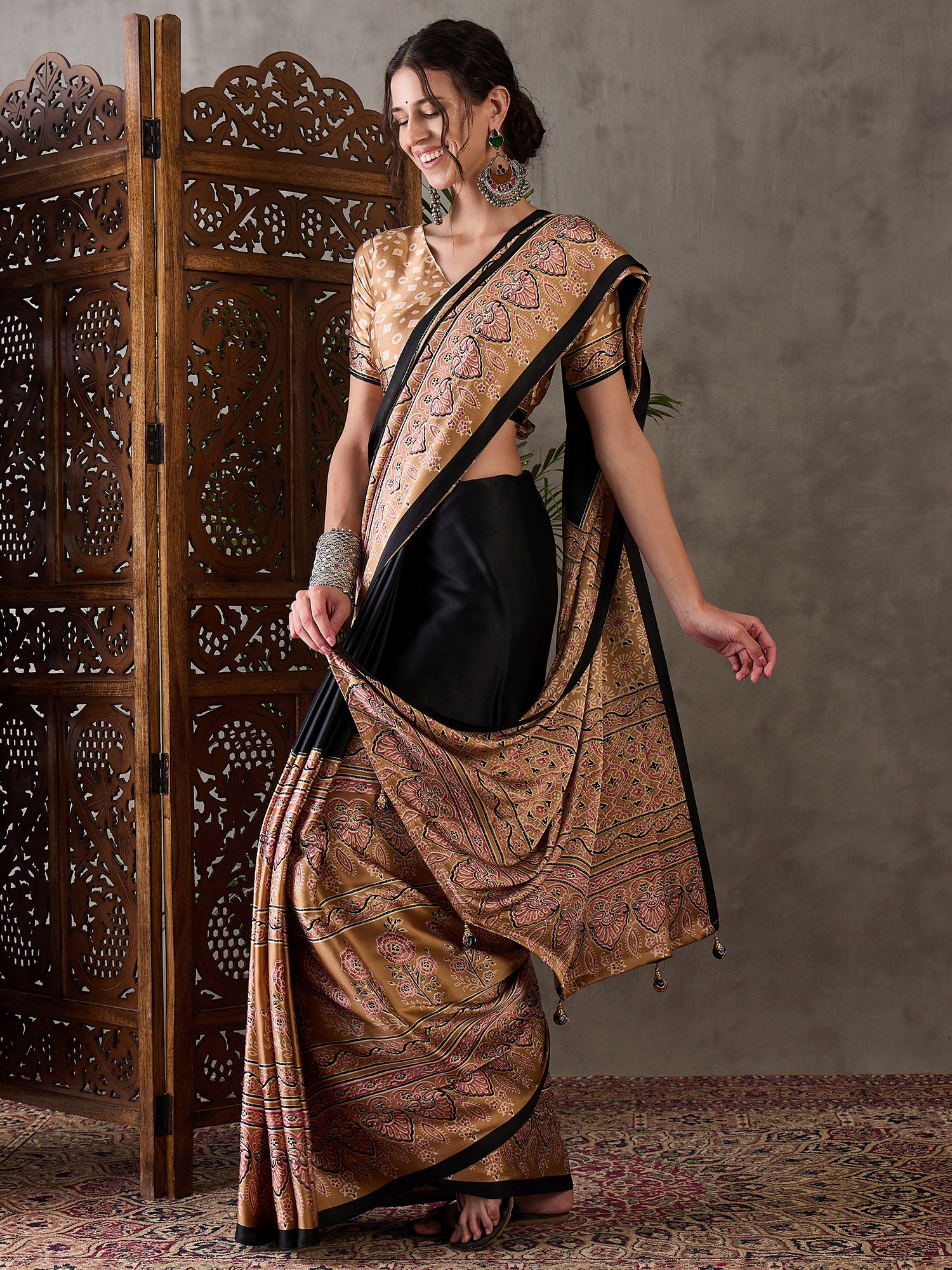 Desiring Festive Wear Satin Silk Ajrak Print Rich Pallu Fancy Saree With Unstitched Blouse Piece
