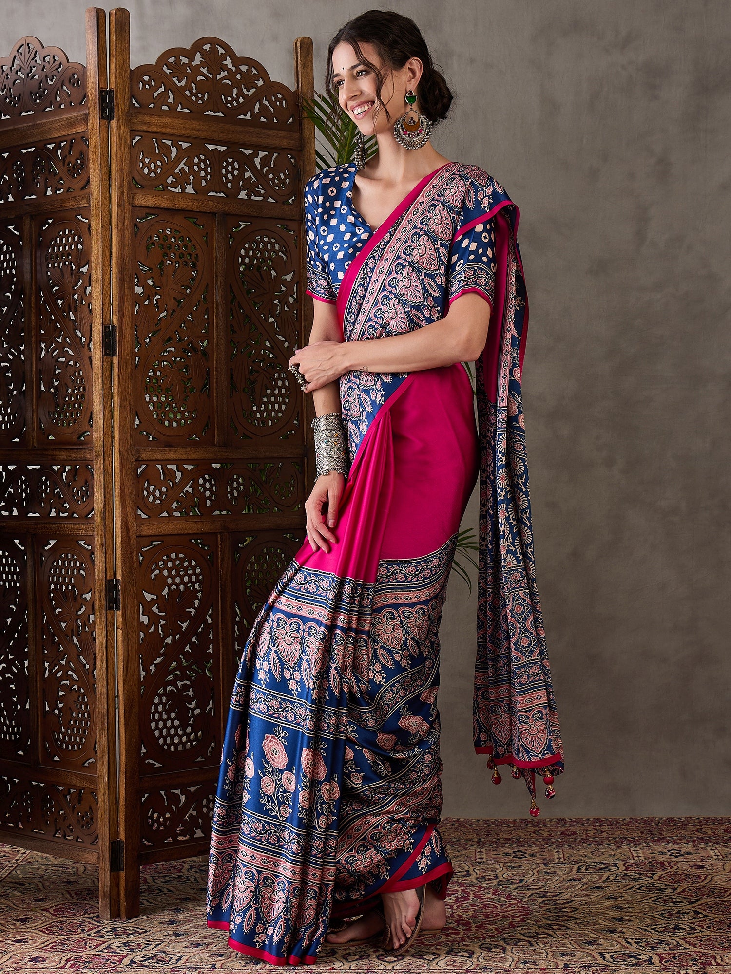 Desiring Festive Wear Satin Silk Ajrak Print Rich Pallu Fancy Saree With Unstitched Blouse Piece