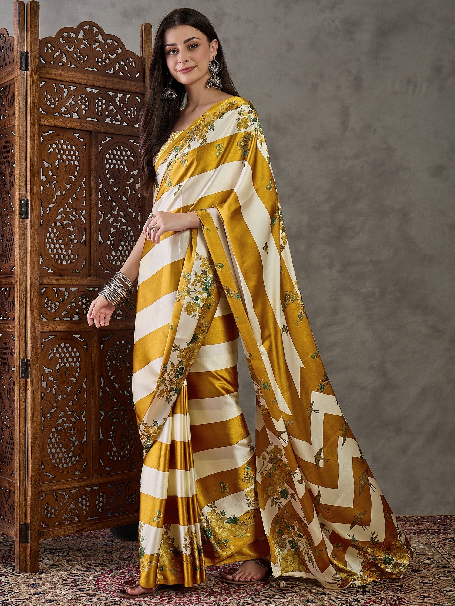 Opulent Wedding Wear Satin Silk Floral Print Designer Saree For Occasion
