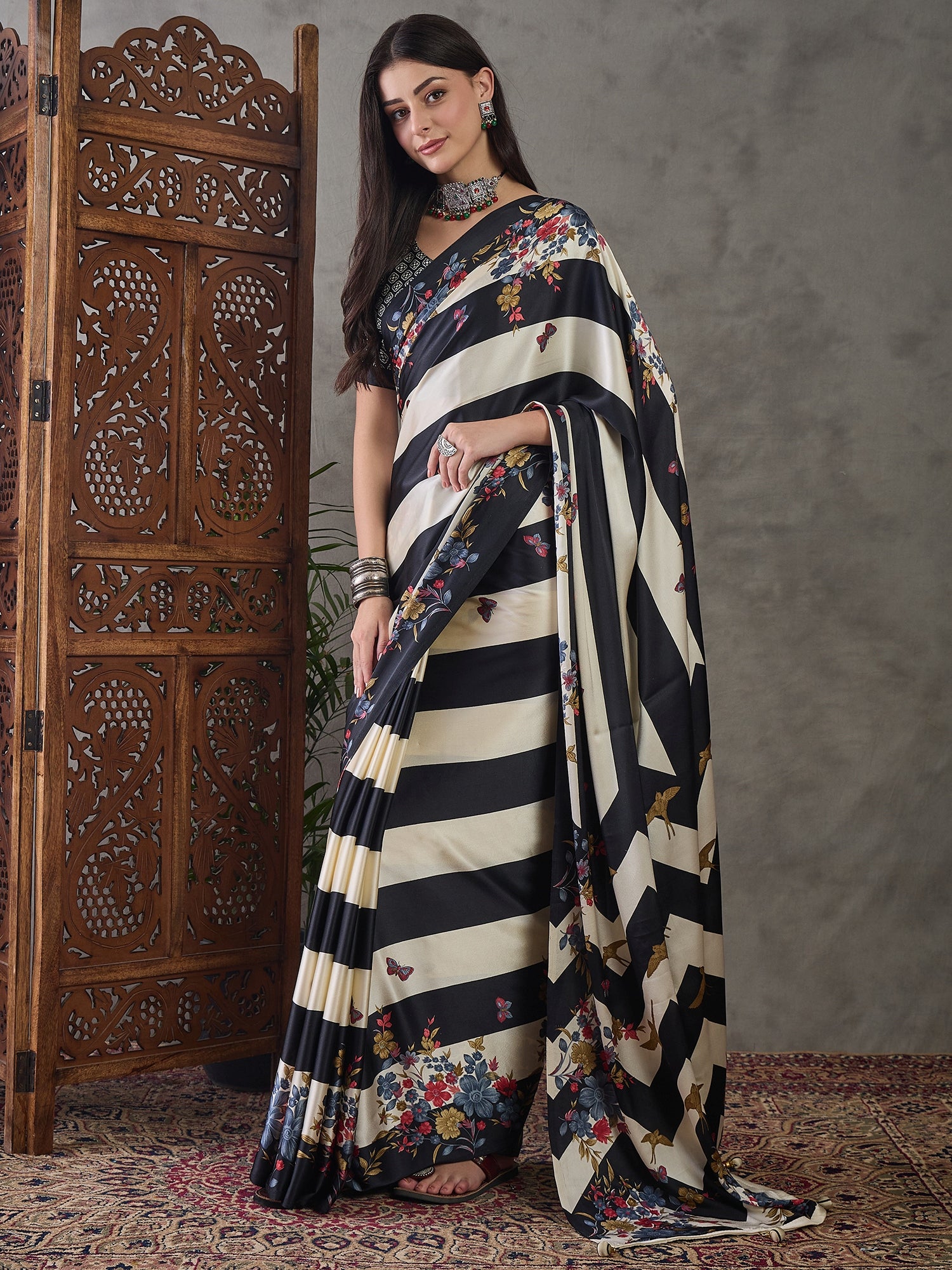 Opulent Wedding Wear Satin Silk Floral Print Designer Saree For Occasion