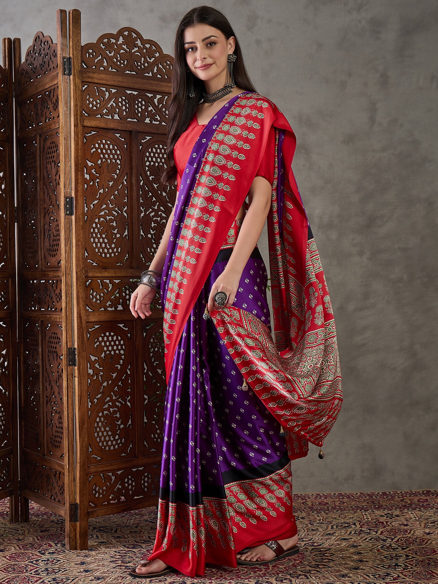 Captivating Party Wear Satin Silk Ajrak Print Rich Pallu Fancy Saree With Unstitched Blouse Piece