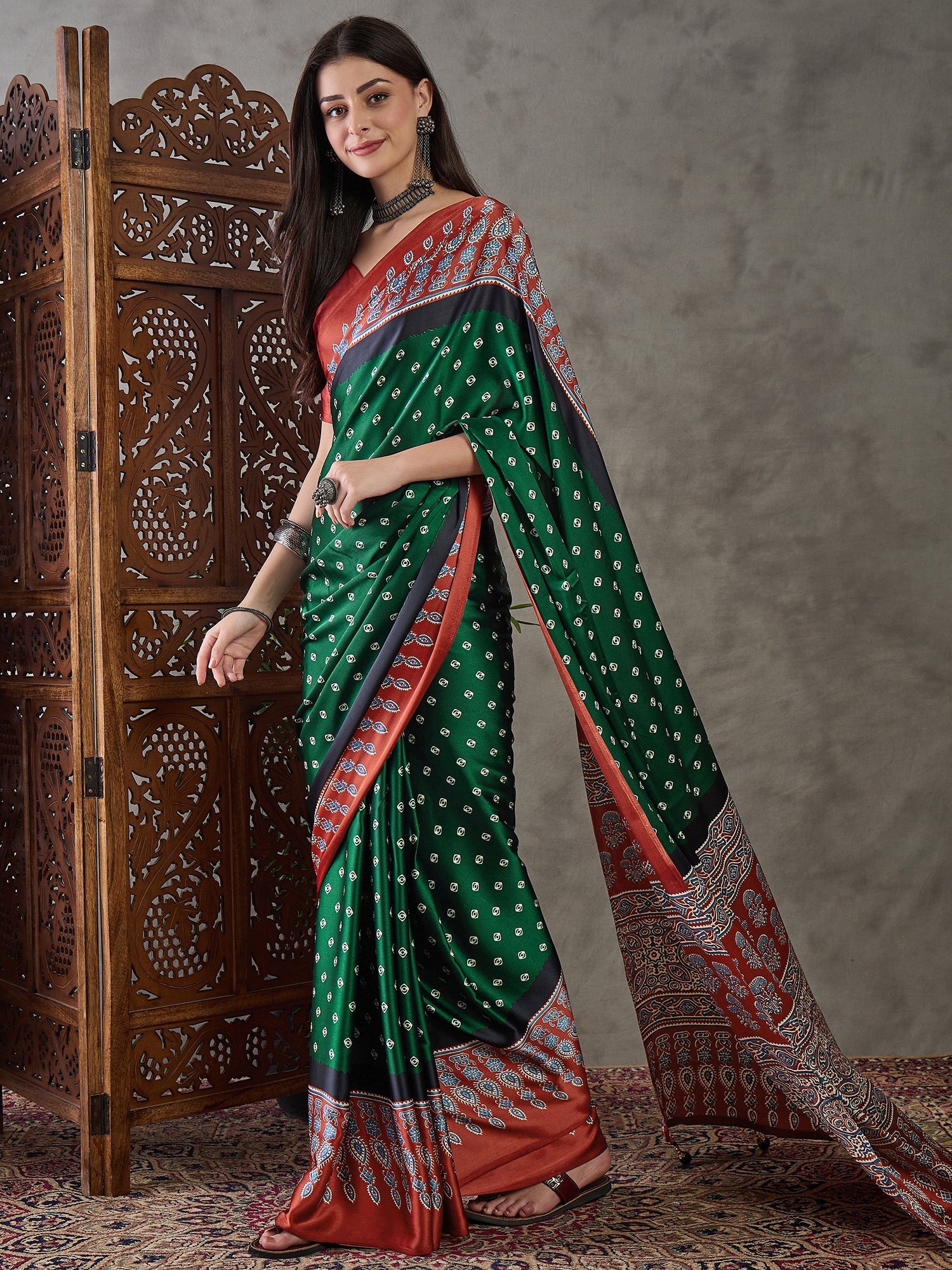 Captivating Party Wear Satin Silk Ajrak Print Rich Pallu Fancy Saree With Unstitched Blouse Piece