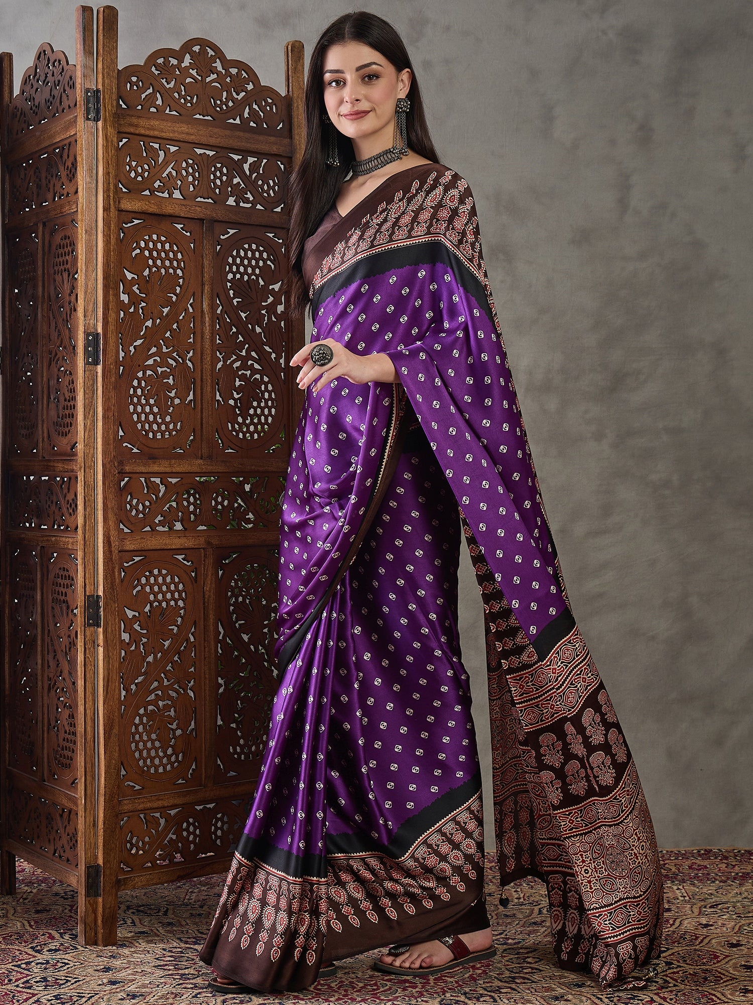 Captivating Party Wear Satin Silk Ajrak Print Rich Pallu Fancy Saree With Unstitched Blouse Piece