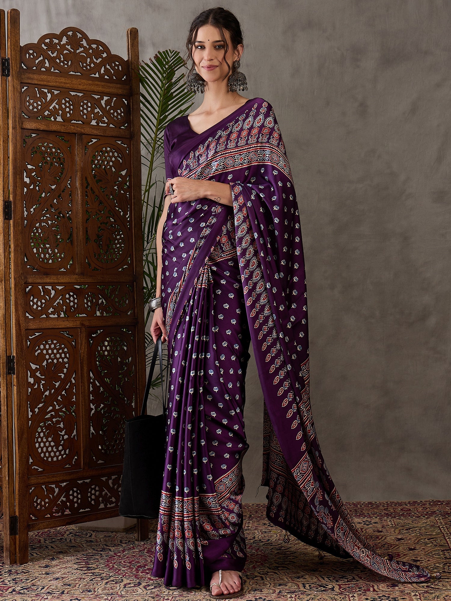 Glamorous Party Wear Satin Silk Ajrak Printed Rich Pallu Designer Saree With Unstitched Blouse Piece