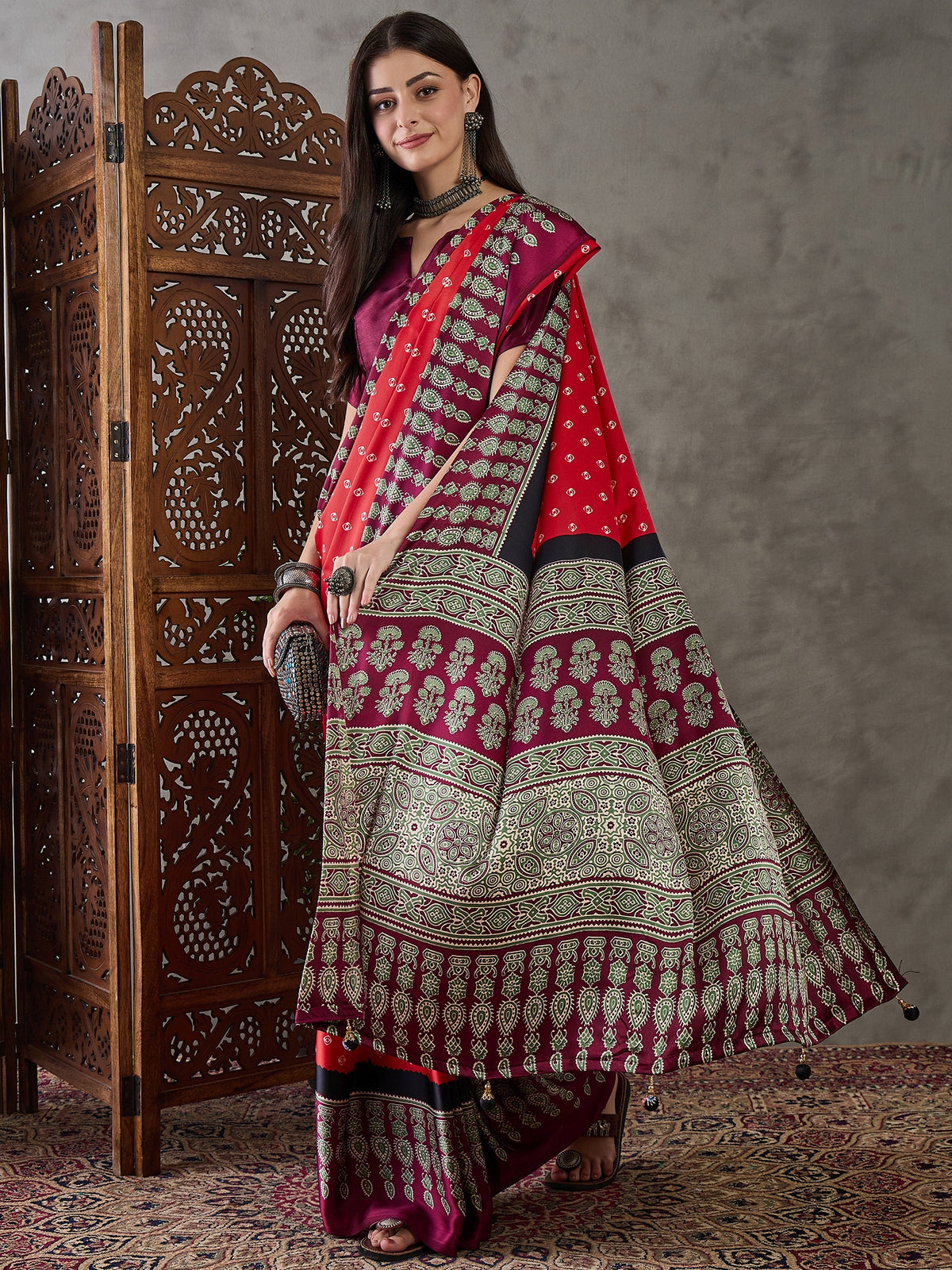 Captivating Party Wear Satin Silk Ajrak Print Rich Pallu Fancy Saree With Unstitched Blouse Piece