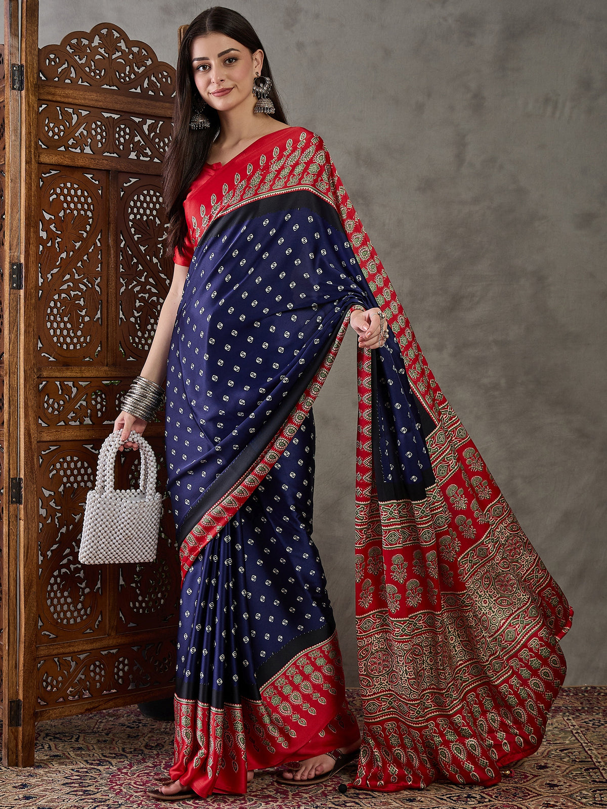 Captivating Party Wear Satin Silk Ajrak Print Rich Pallu Fancy Saree With Unstitched Blouse Piece