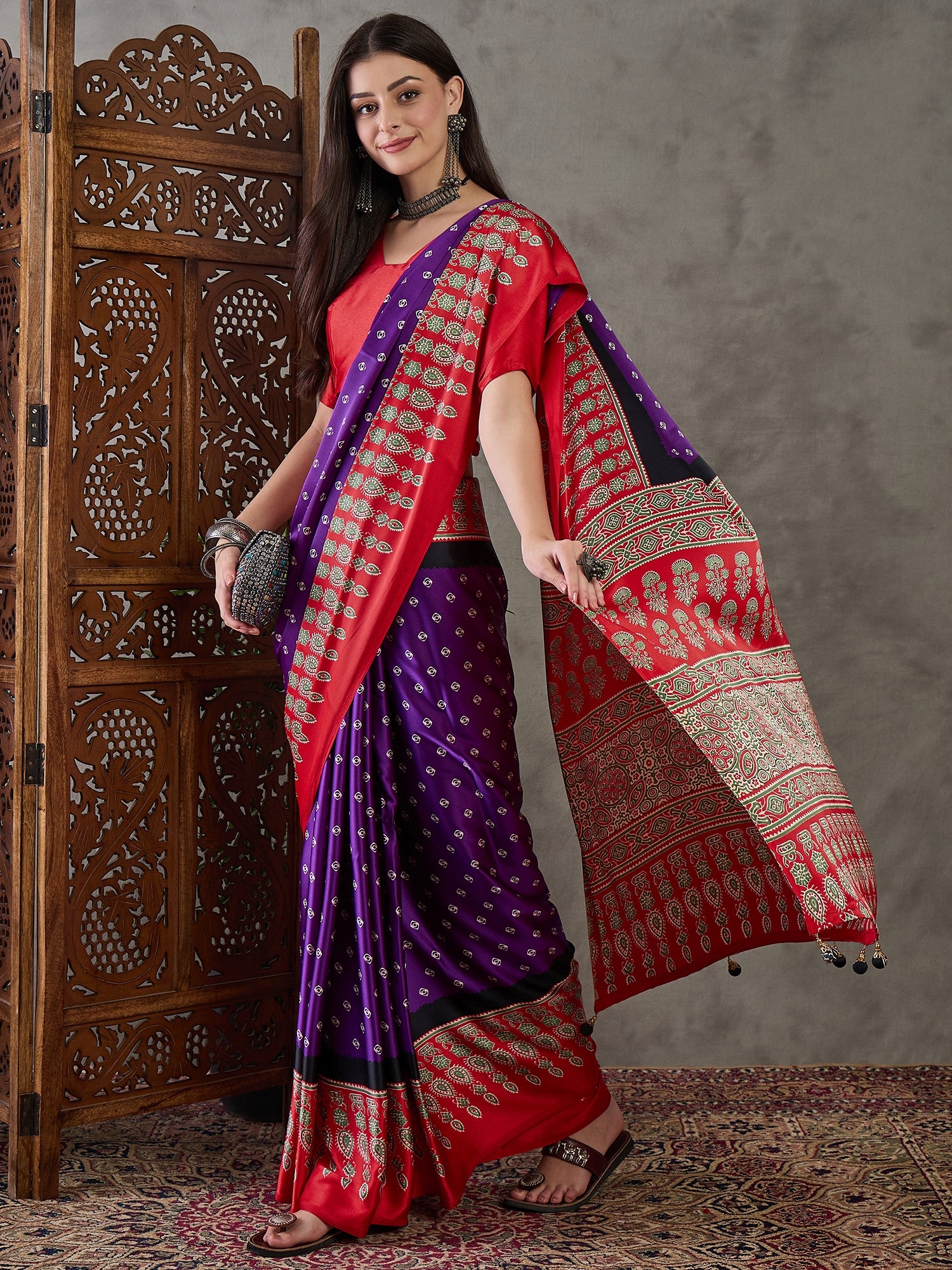 Captivating Party Wear Satin Silk Ajrak Print Rich Pallu Fancy Saree With Unstitched Blouse Piece