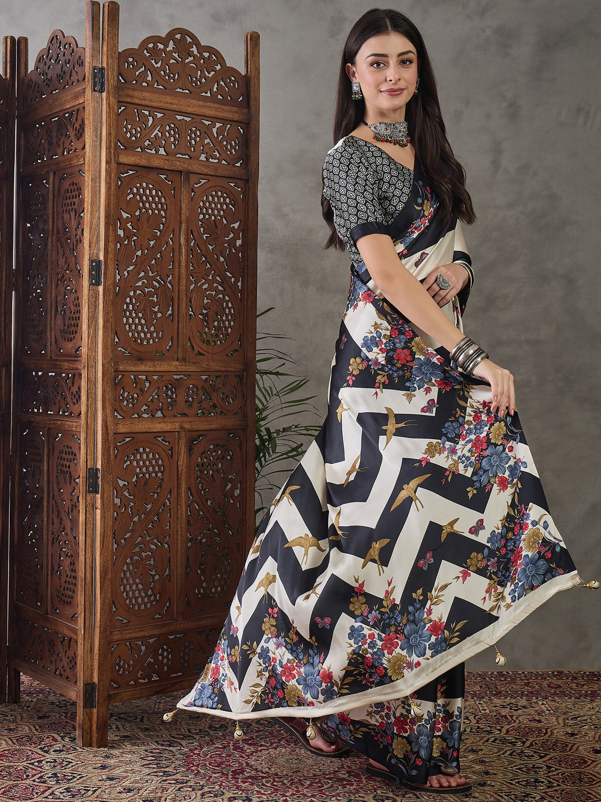 Opulent Wedding Wear Satin Silk Floral Print Designer Saree For Occasion