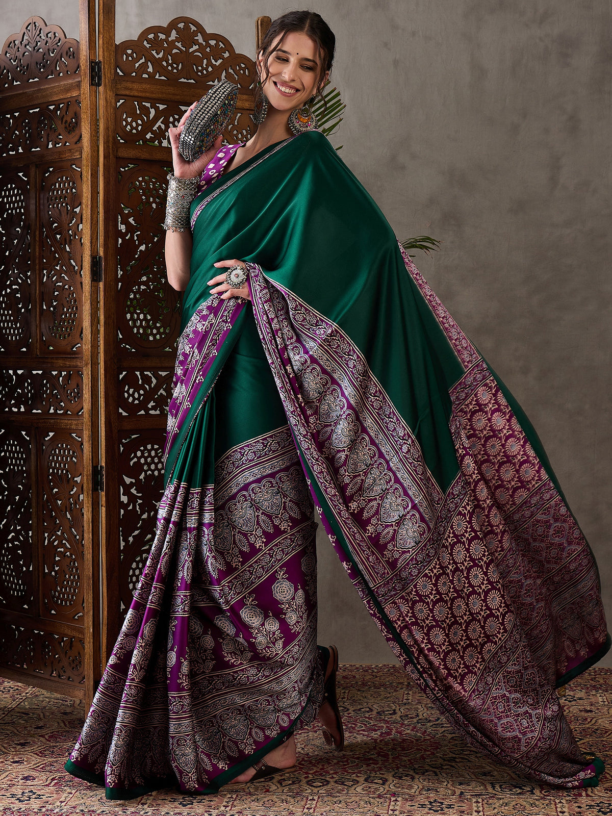 Desiring Festive Wear Satin Silk Ajrak Print Rich Pallu Fancy Saree With Unstitched Blouse Piece