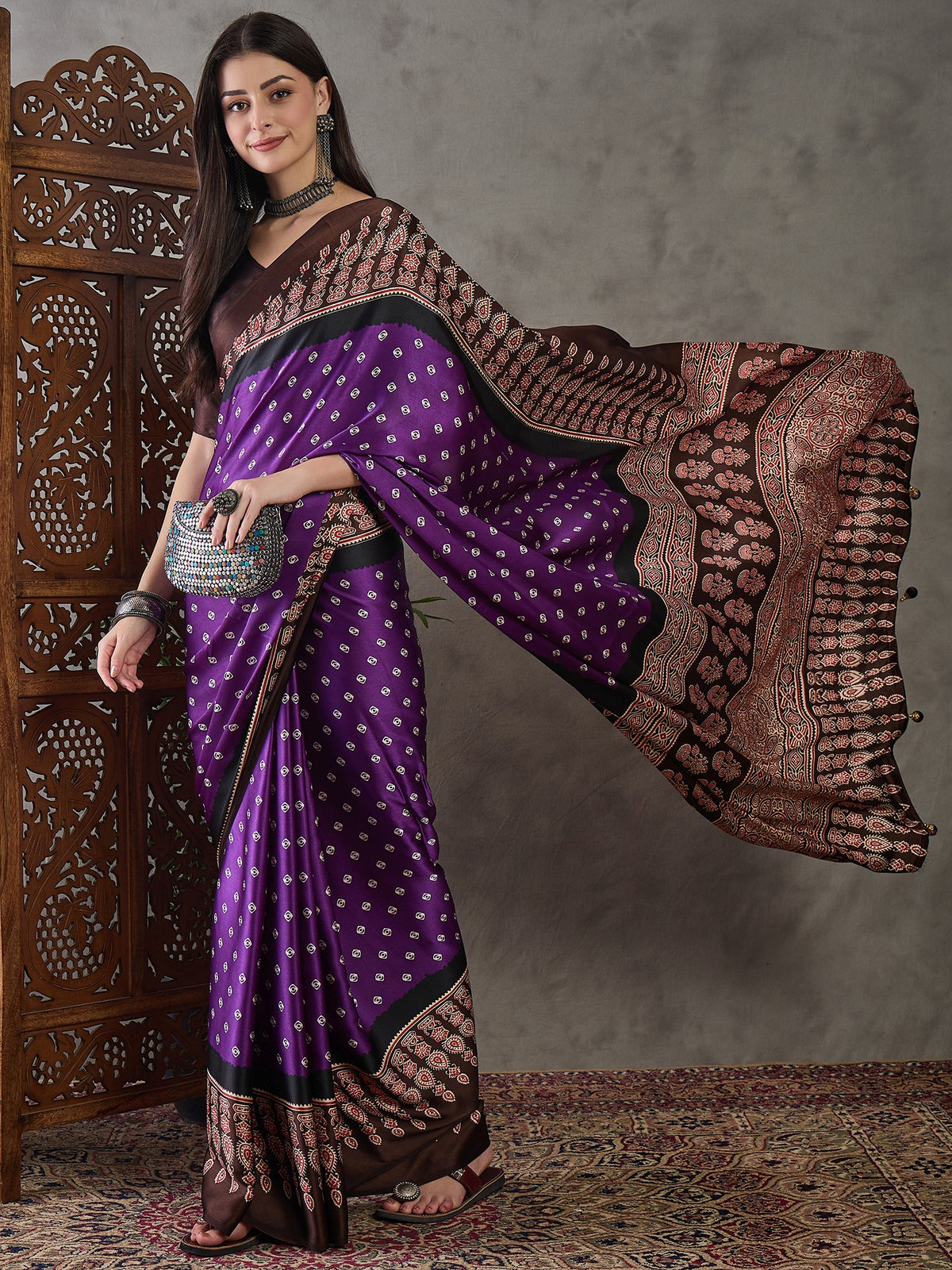 Captivating Party Wear Satin Silk Ajrak Print Rich Pallu Fancy Saree With Unstitched Blouse Piece