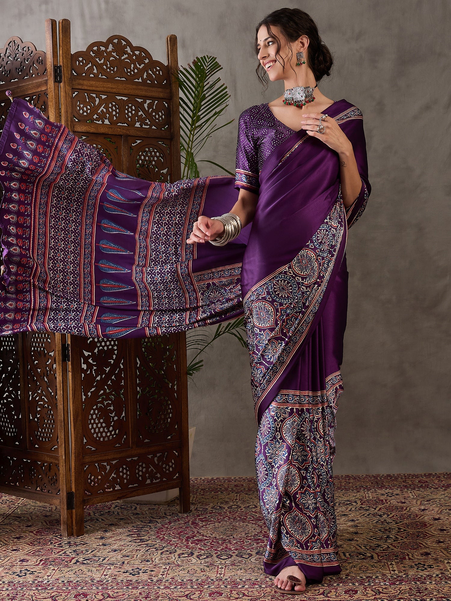 Heritage Function Wear Satin Silk Ajrak Print Rich Pallu Fancy Saree With Unstitched Blouse Piece