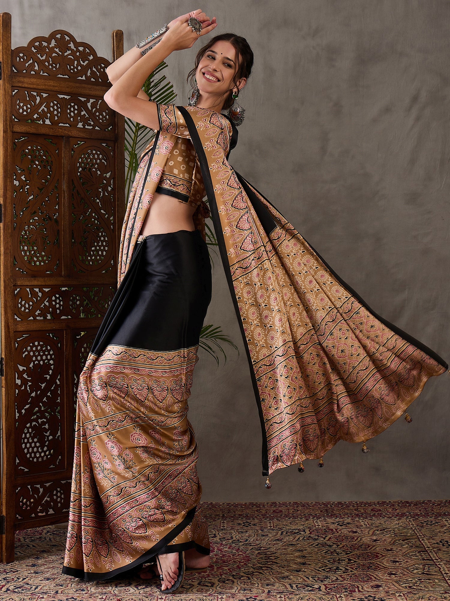 Desiring Festive Wear Satin Silk Ajrak Print Rich Pallu Fancy Saree With Unstitched Blouse Piece
