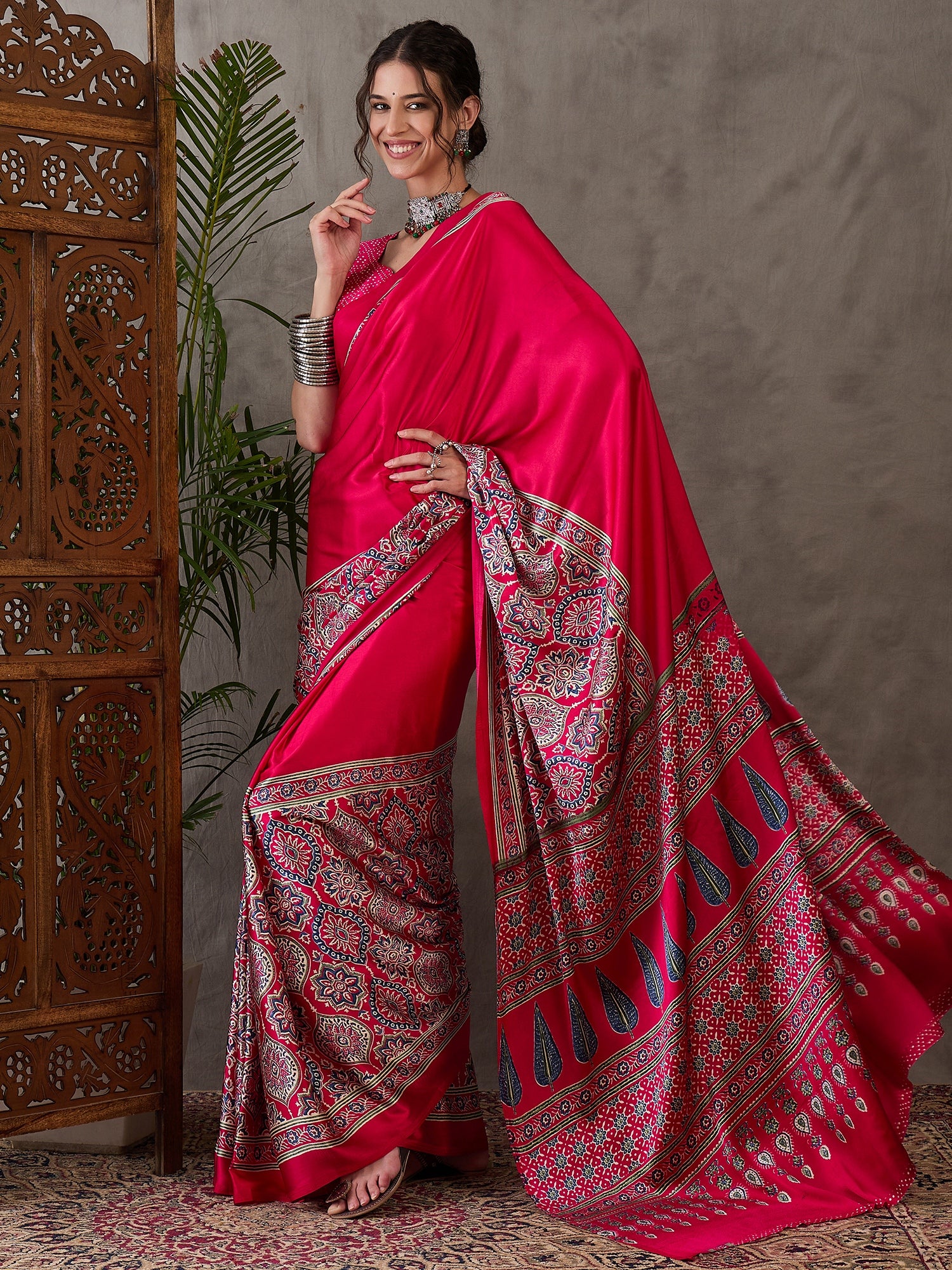 Heritage Function Wear Satin Silk Ajrak Print Rich Pallu Fancy Saree With Unstitched Blouse Piece