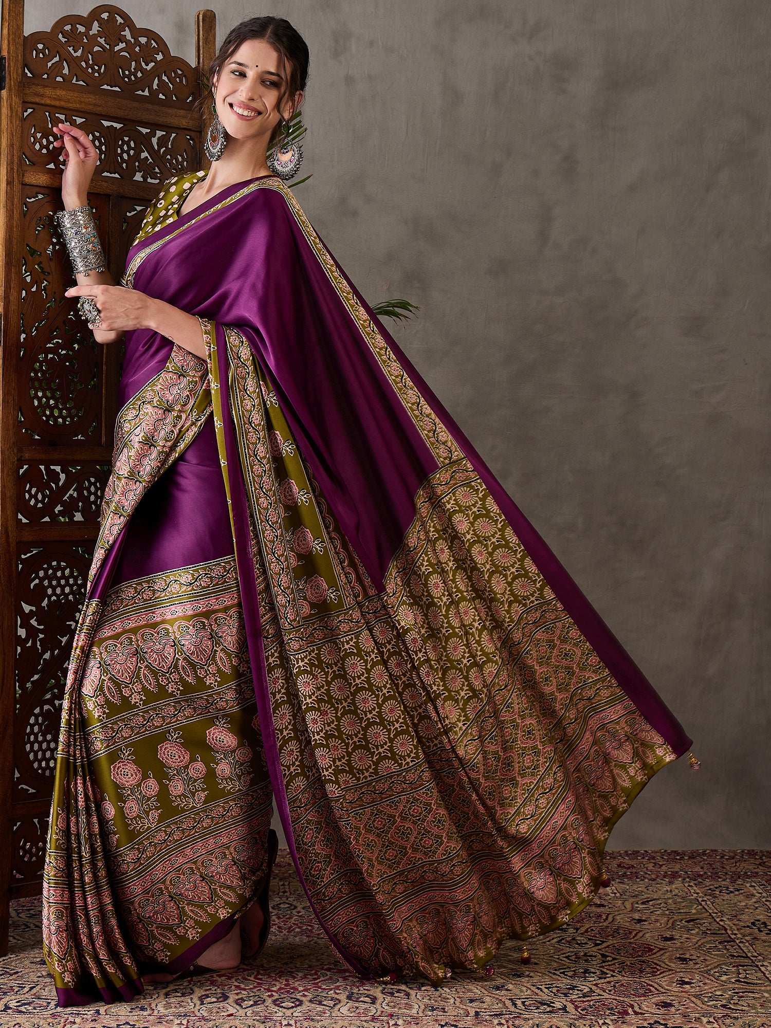 Desiring Festive Wear Satin Silk Ajrak Print Rich Pallu Fancy Saree With Unstitched Blouse Piece