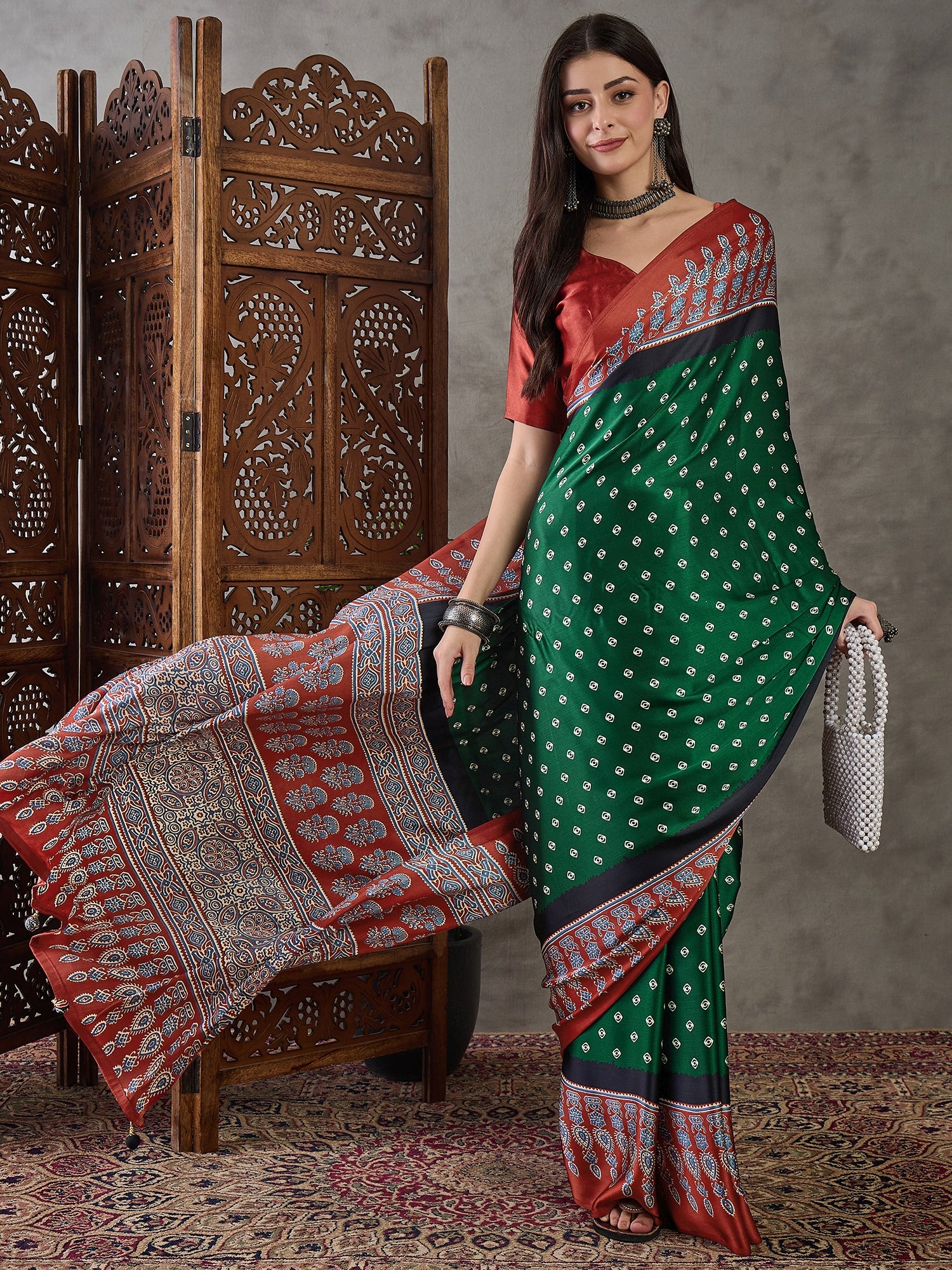 Captivating Party Wear Satin Silk Ajrak Print Rich Pallu Fancy Saree With Unstitched Blouse Piece