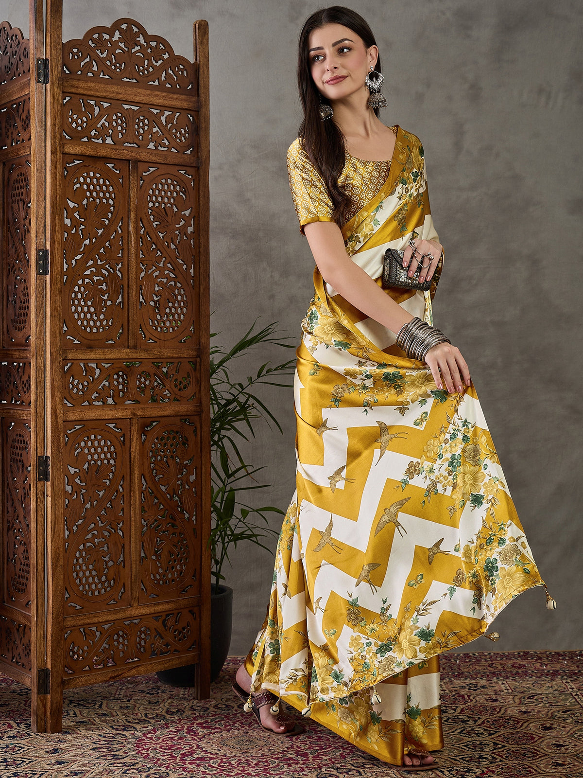 Opulent Wedding Wear Satin Silk Floral Print Designer Saree For Occasion